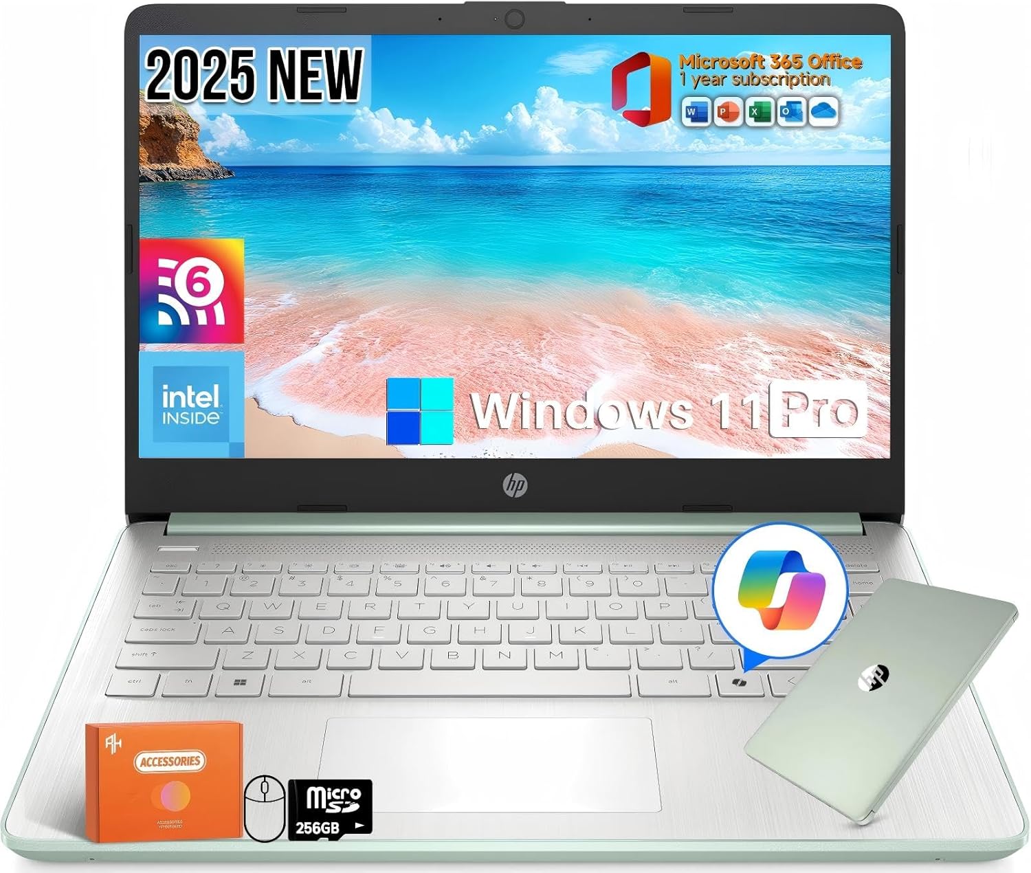 HP 2025 New 14" HD Laptop Computer, Intel Processor N150, 16GB RAM, 384GB Storage(128GB UFS+256GB MSD), Copilot AI, 1-Year Office 365, WiFi 6, Ultra Light Student Laptop, Windows 11 Pro, Accessory Kit