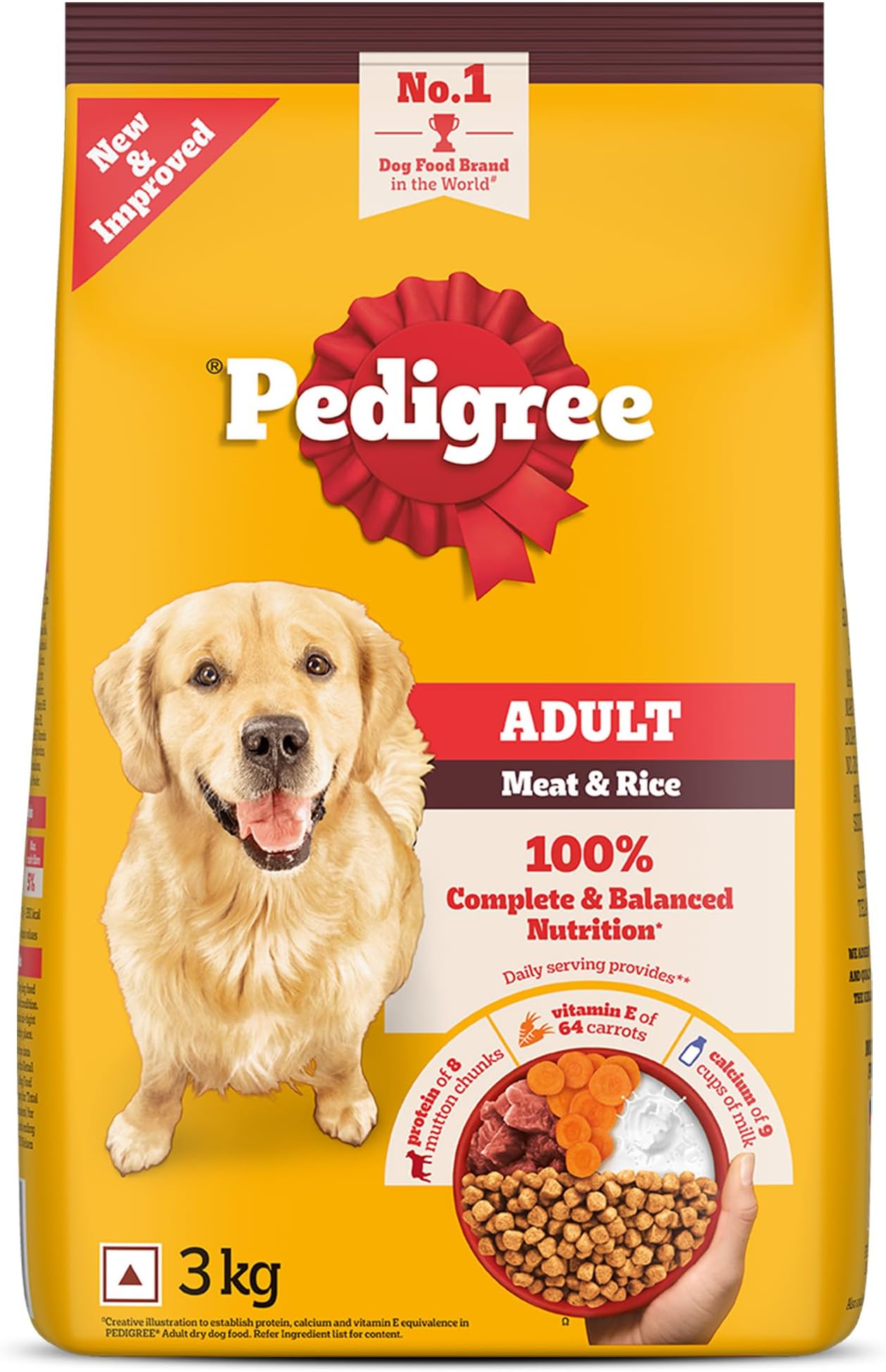 Adult Dry Dog Food, Meat & Rice, 3 kg, Contains 37 Essential Nutrients, 100% Complete & Balanced Food for Adult Dogs