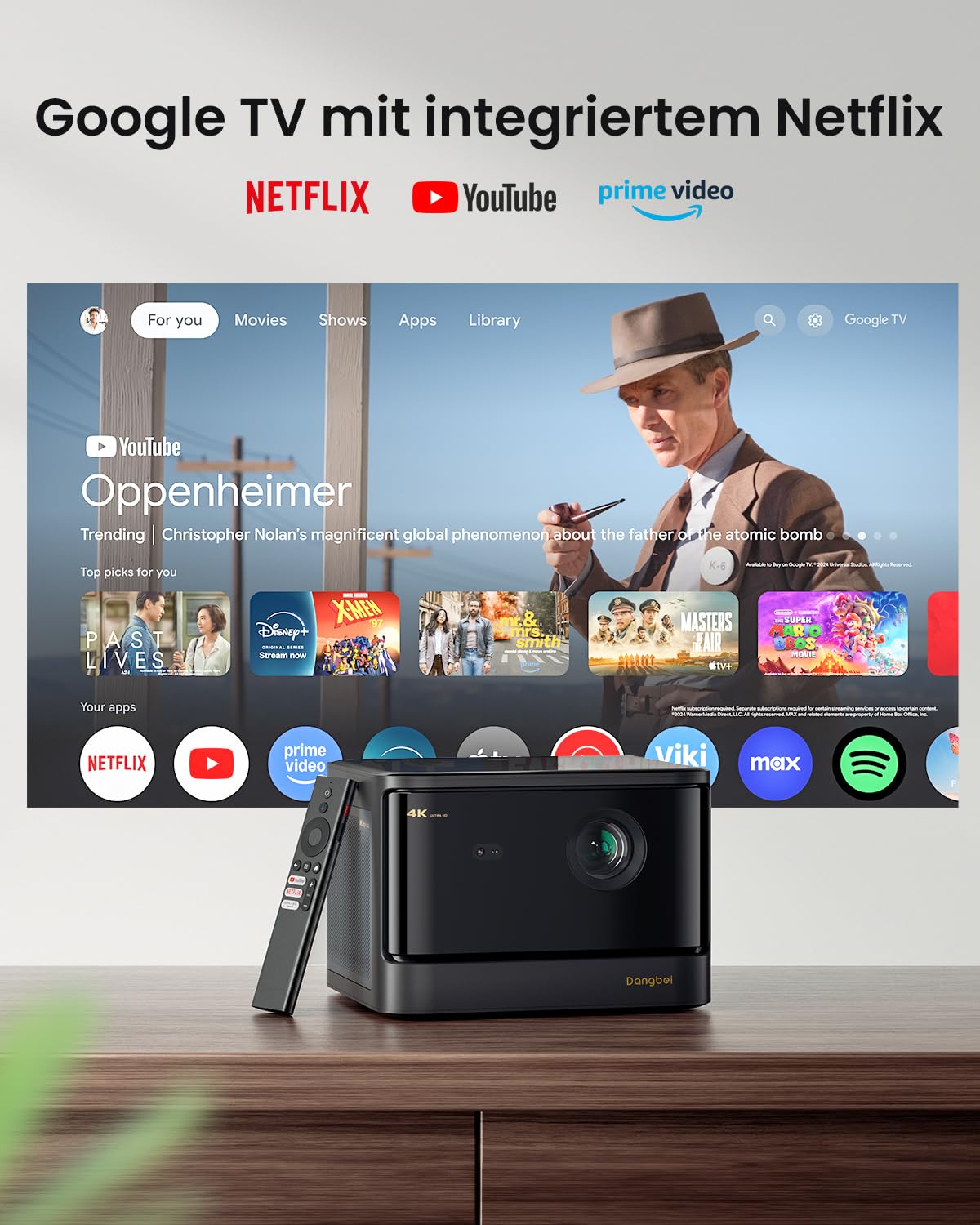 Dangbei DBOX02 Beamer 4K Heimkino mit 2450 ISO Lumen, 200" Blu-ray 3D, HDR10+, Autofokus, Smart Beamer Tageslicht Tauglich Projector 4K mit Official Netflix&Dolby Audio DTS:X Heimkino Videoprojektor