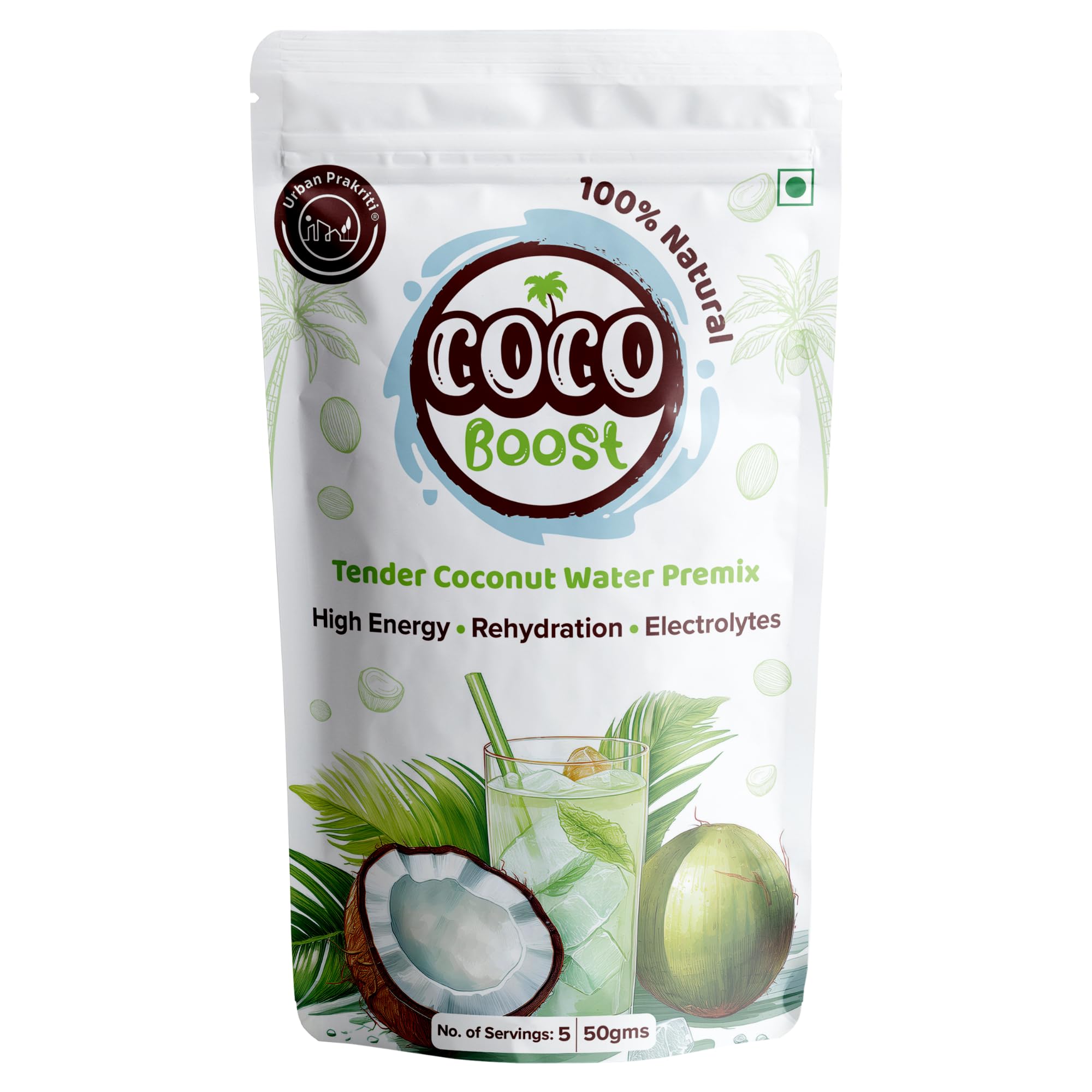 Urban Prakriti Tender Coconut Water Powder Premix (50 GMS) with Natural Electrolytes for an Instant Energy Booster | Rehydration | Nariyal Pani with No Artificial Colours, Flavours or Preservatives