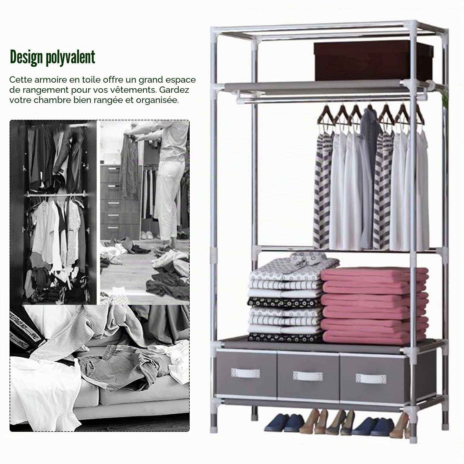 Armoire portable en toile avec 3 tiroirs Gris 90 x 45 x 170 cm