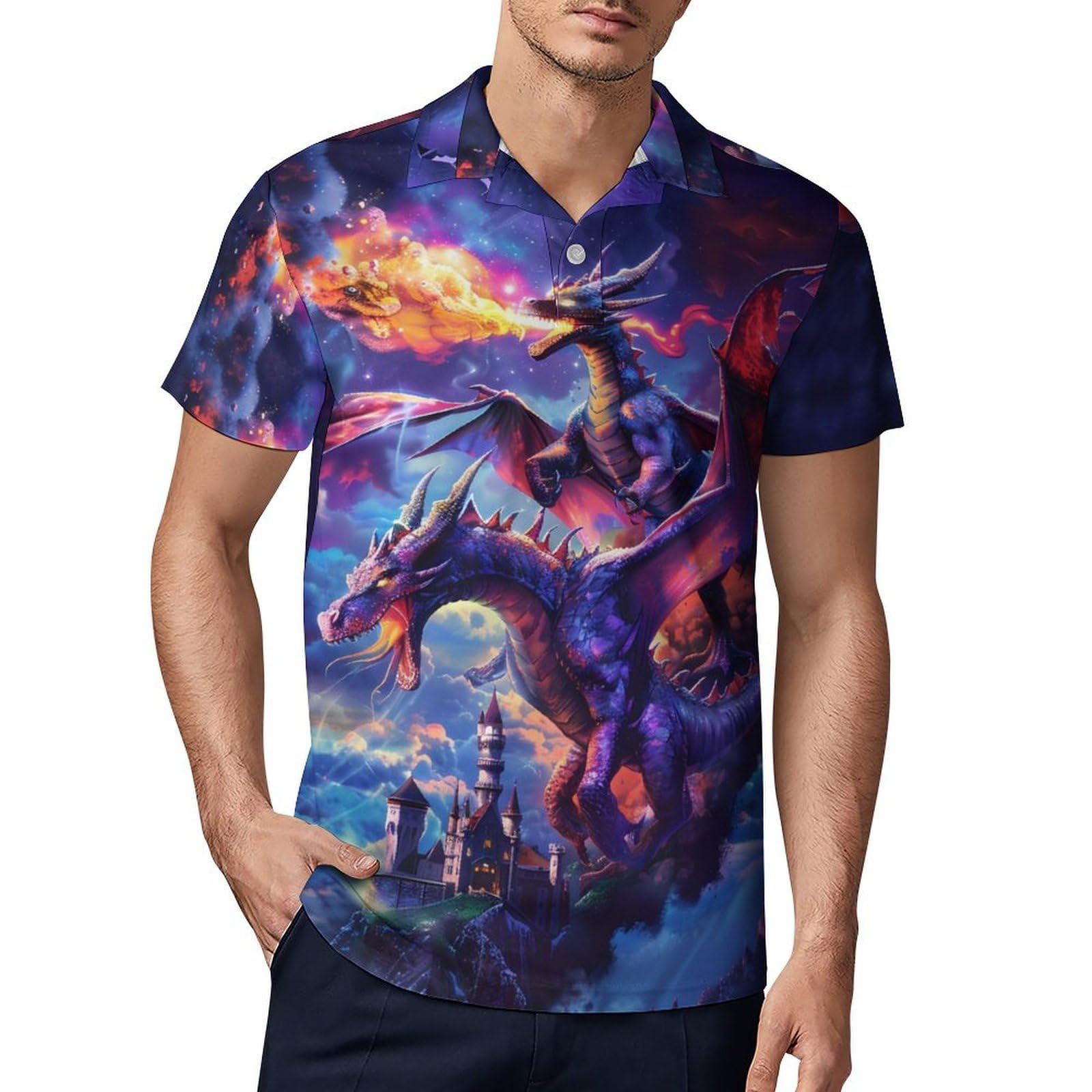 Dragon Night Castle Novelty Men's Short Sleeve Shirts Funny Golf Tennis Work T-Shirt Sport Tee 2XL