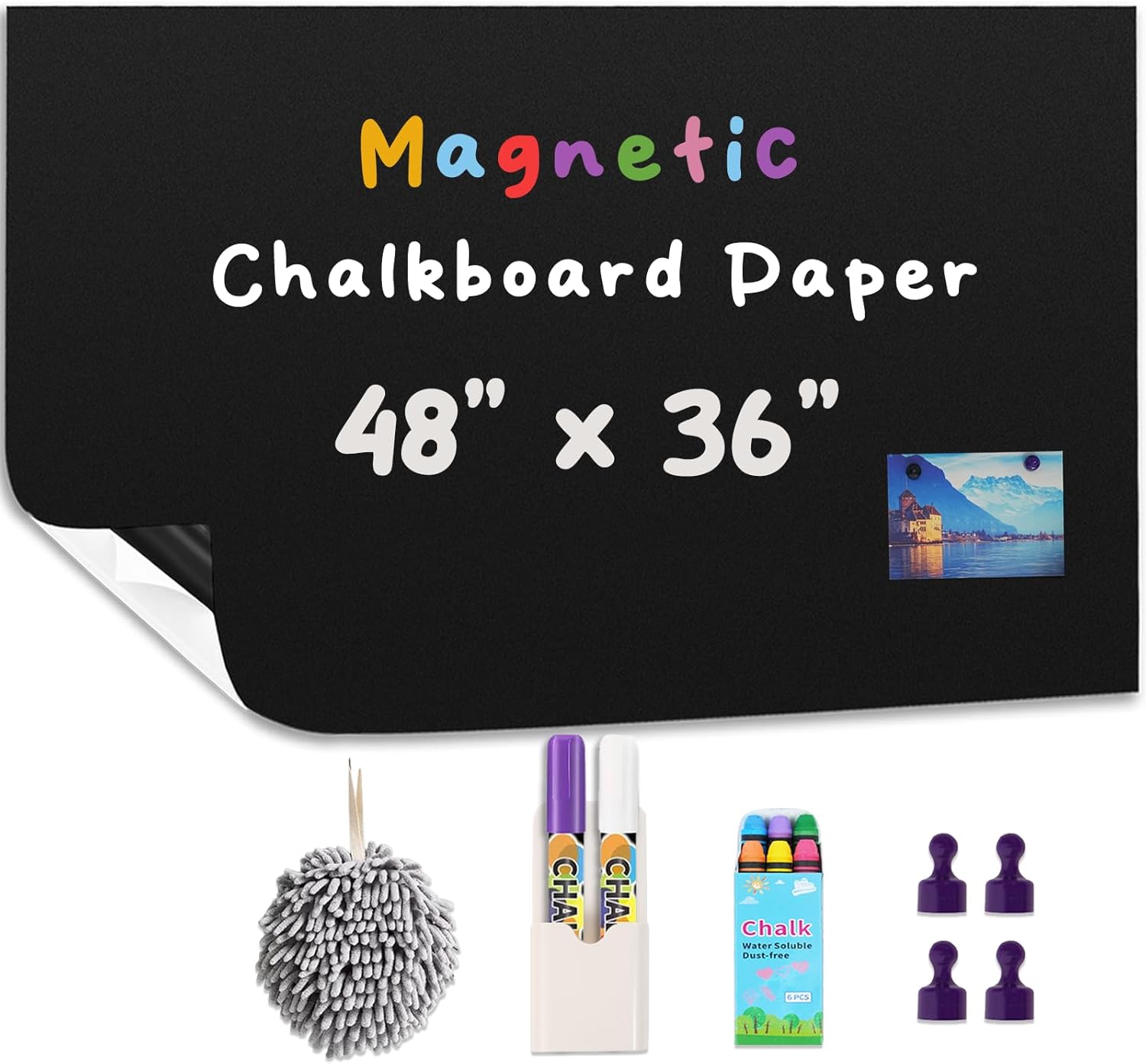 YOUNGJQ Magnetic Chalkboard for Wall 48" x 36" Self Adhesive Blackboard Wallpaper Peel and Stick Chalk Board Wall Decal Roll with Starter Kit Home Playroom Classroom