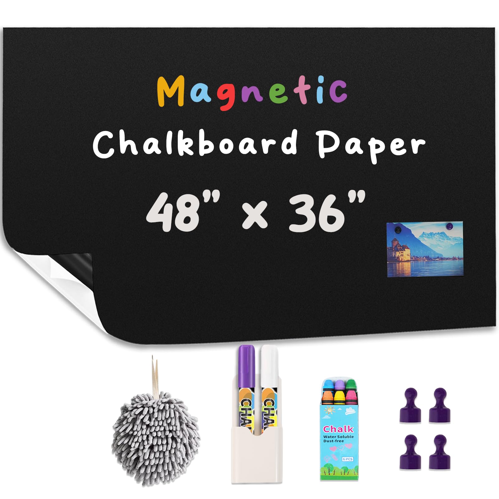 Magnetic Chalkboard Contact Paper for Wall 48" x 36" Self Adhesive Blackboard Wallpaper Peel and Stick Chalk Board Wall Decal Roll with Chalks for Kids Home Playroom Classroom