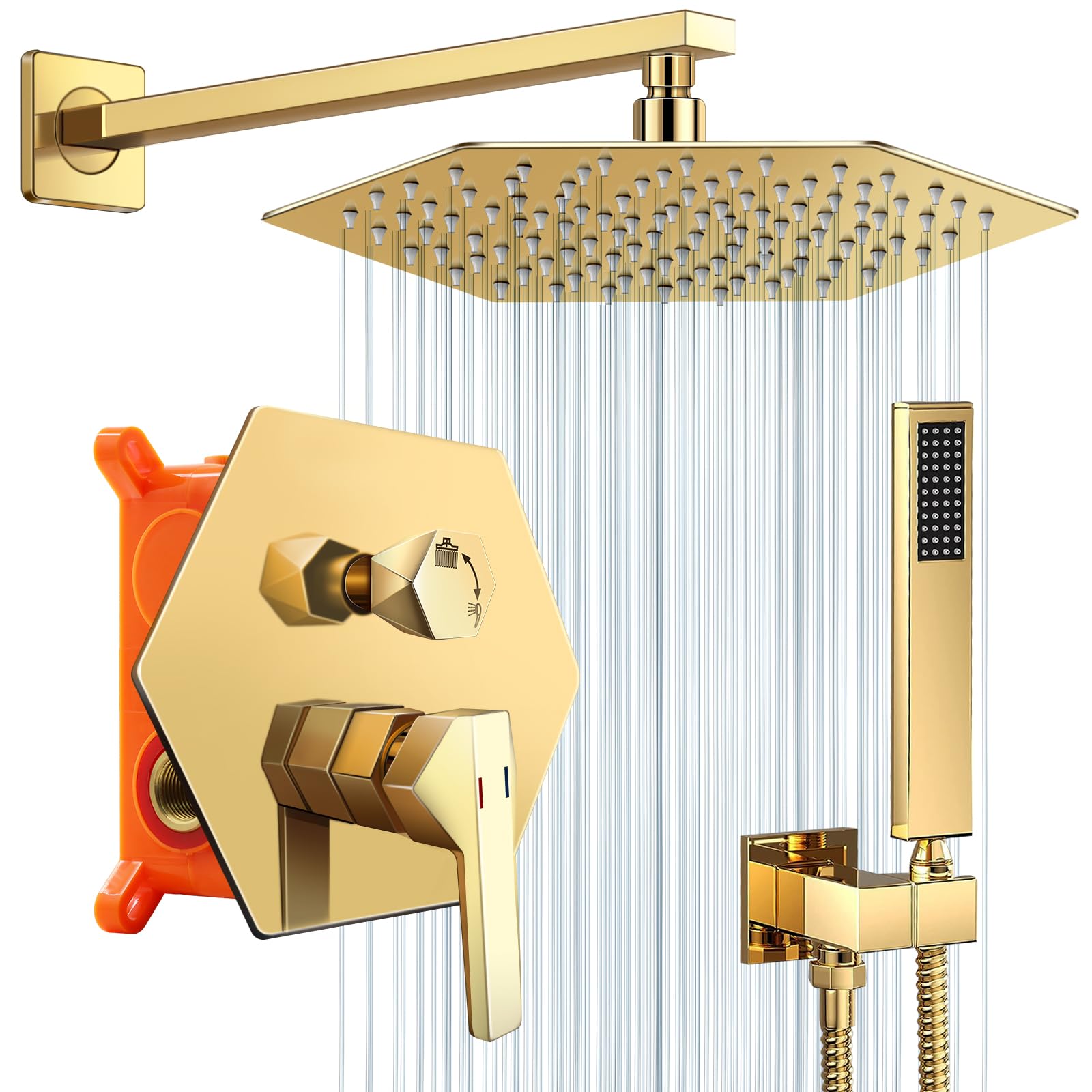 Tionzion Shower Faucet Set 10inch Bathroom Diamond Rain Shower Head with Handheld Spray Wall Mounted Rainfall Shower Fixtures (Polished Gold)