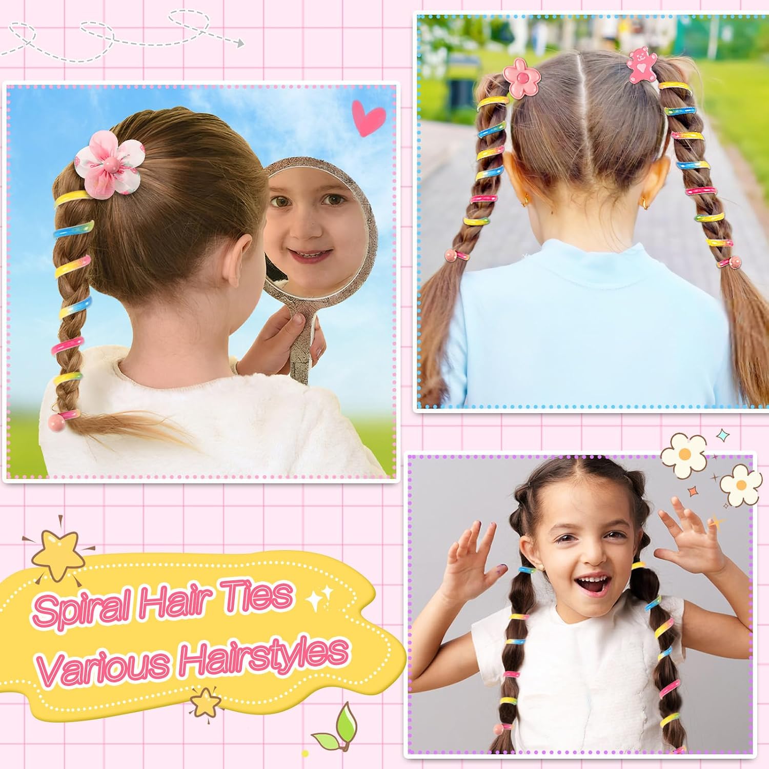 JUNEBRUSHS 12Pcs Spiral Hair Ties for Kids, Colorful Telephone Wire Hair Bands Elastic Braided Telephone Cord Hair Accessories for Little Girls, Ponytail Holders Phone Cord Coil Hair Ties Bulk