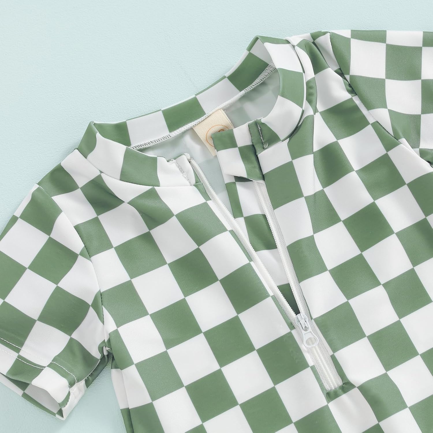 Toddler Baby Boy Girl Swimsuit Checkered One Piece Swimwear Short Sleeve Zipper Rash Guard Beach Bathing Suit - Image 3