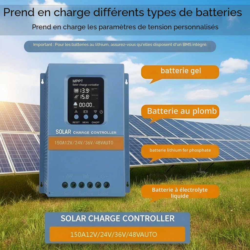 Régulateur de charge solaire 150A 12V 24V 36V 48V Affichage LCD de reconnaissance intelligente Régulateur intelligent de batterie Max. 100V Entrée double USB pour batteries à plomb/lithium