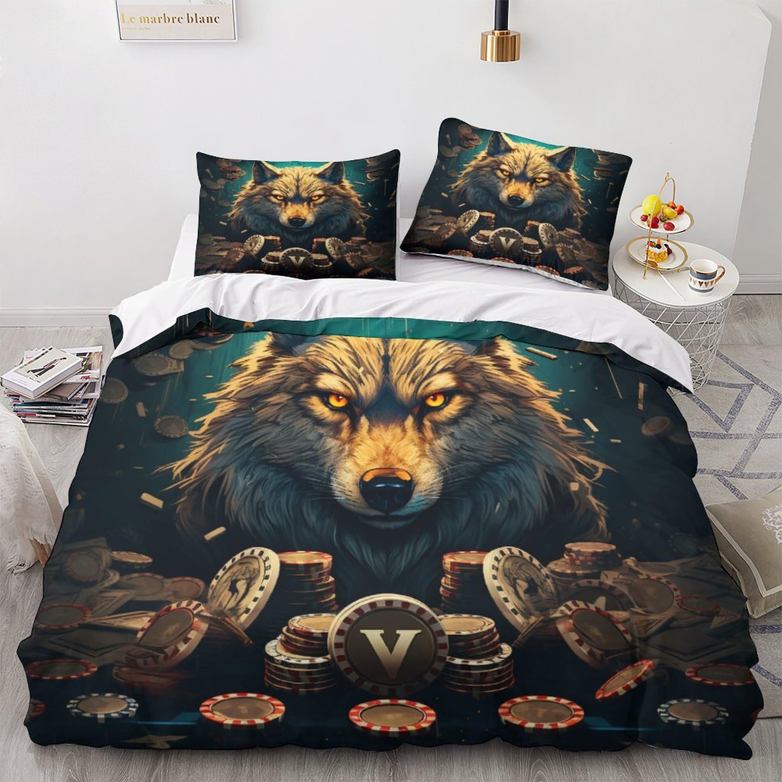 Wolf-Bettwäsche-Set, 3D-Druck, Bettbezug-Set mit Kissenbezügen, Heimtextilien, Doppelbettgröße, Tier-Bettbezug (200 x 200 cm)