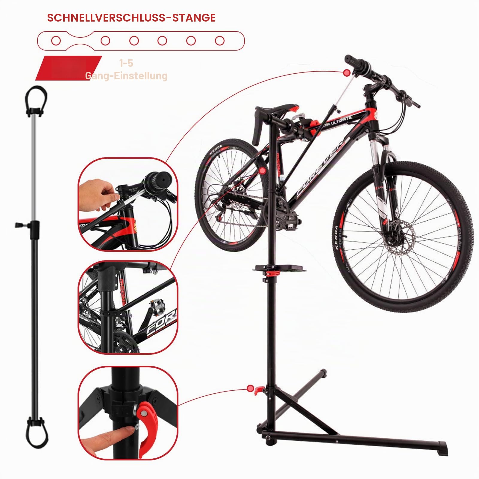Fahrrad-Reparaturständer 50 kg klappbar – robuster Montageständer mit 360° drehbarer Klemme, höhenverstellbar 94–157 cm, magnetischer Werkzeugablage & Handschuhen – ideal für MTB, Rennrad & E-Bike