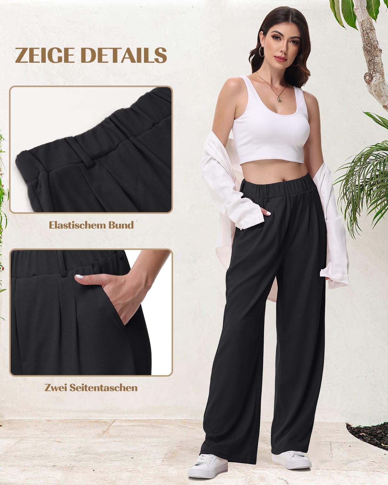 HMIYA Weite Hosen Damen-Bügelfreie Lässig Leichte Stoffhose Locker Palazzo Hose Hohe Taille Sommer Freizeithose mit Tasche