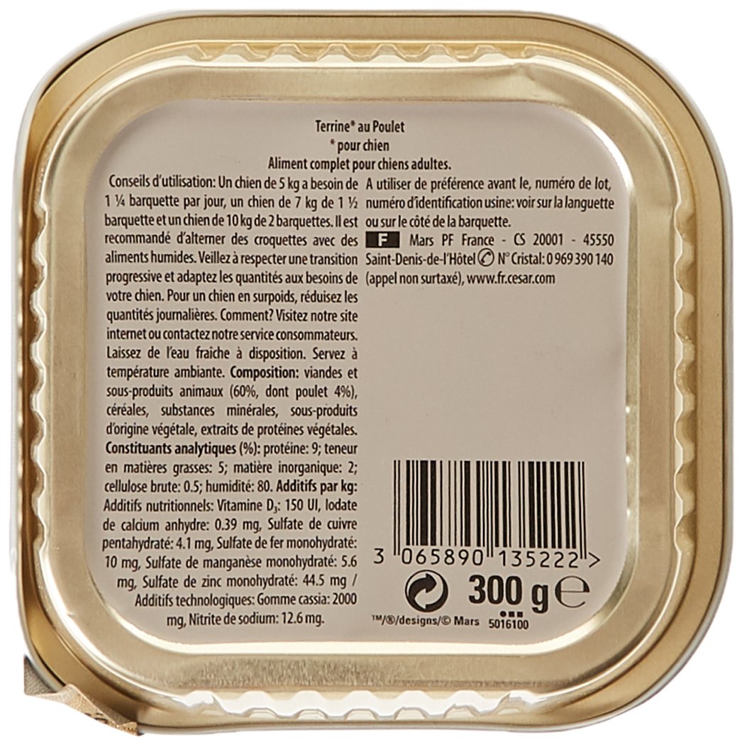 CESAR Hundefutter – 20 Schalen à 300 g – Nassfutter für Hunde, Klassische Terrine mit schmackhaftem Huhn und Leber – Nassfutter für Hunde