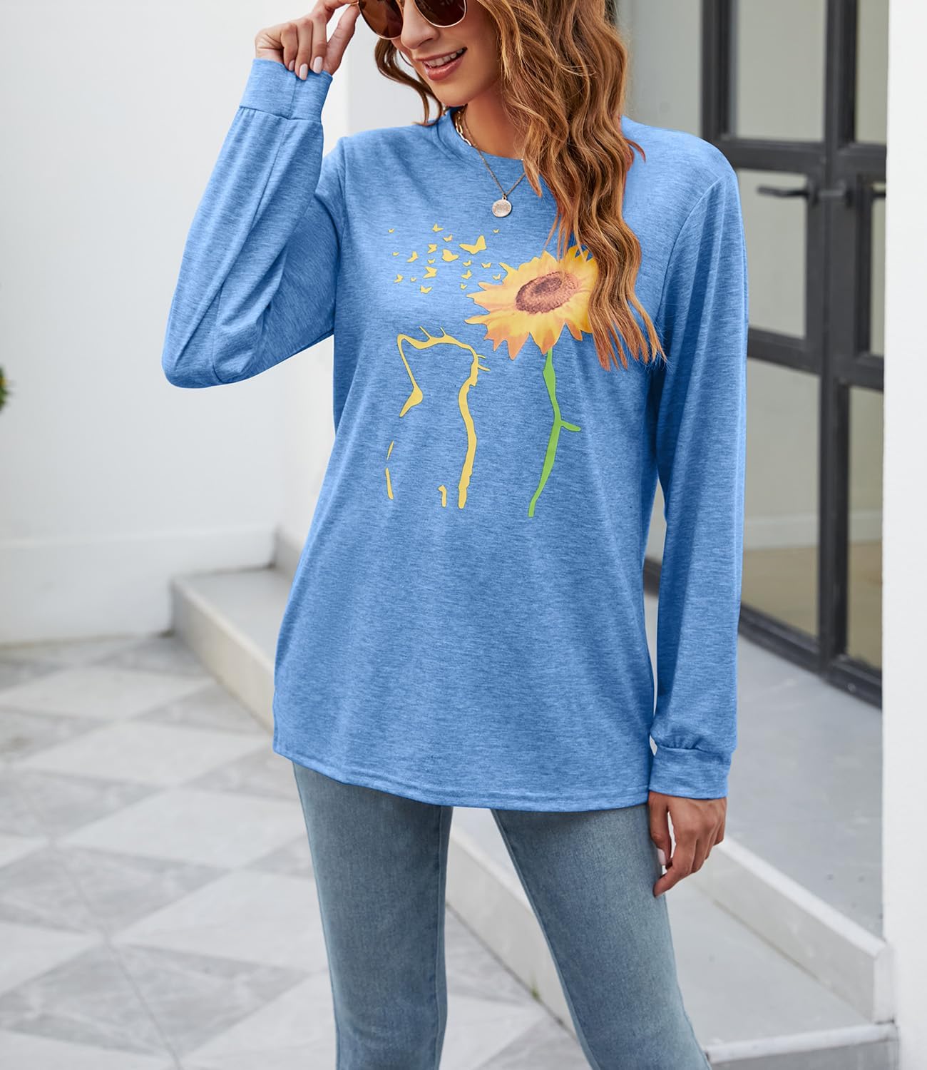 Womens Fall Crewneck Sunflower Graphic Print Tops Long Sleeve Cute Casual Tees - Image 2