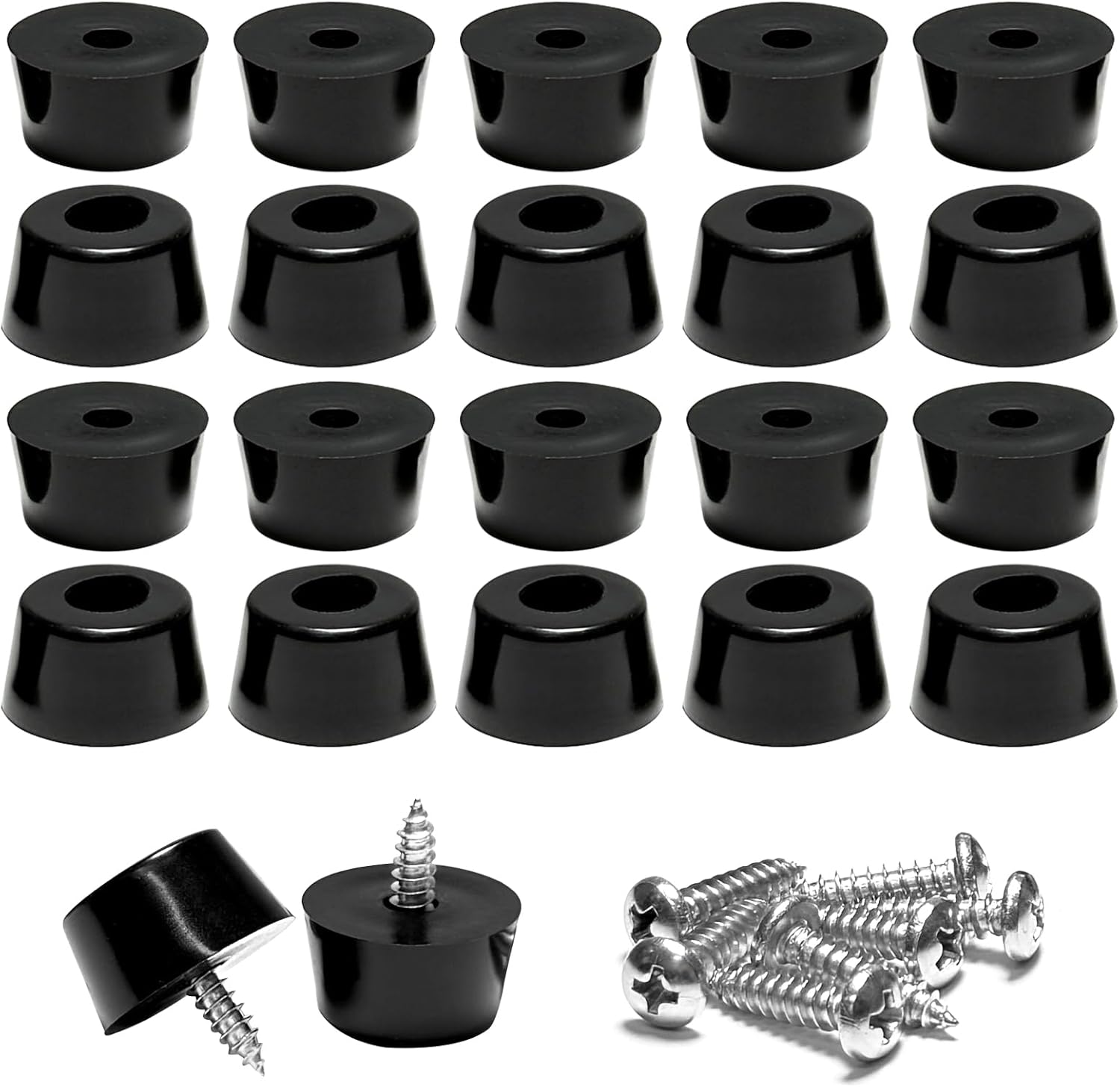 20 Pcs Rubber Feet for Cutting Board with Stainless Screws, Round Durable Rubber Bumper Feet, Glide Protection from Chair Cabinet Furniture and Electronics, 1" W X 1/2" H, Black