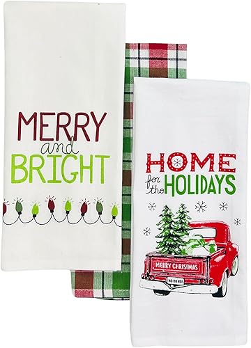 Vista 29 de Serafina Home Vacaciones de Navidad Toallas de Cocina: Dos (2) Let it Snow Tejido Plano y Una (1) Toalla de Cocina a Cuadros de Estilo Campestre