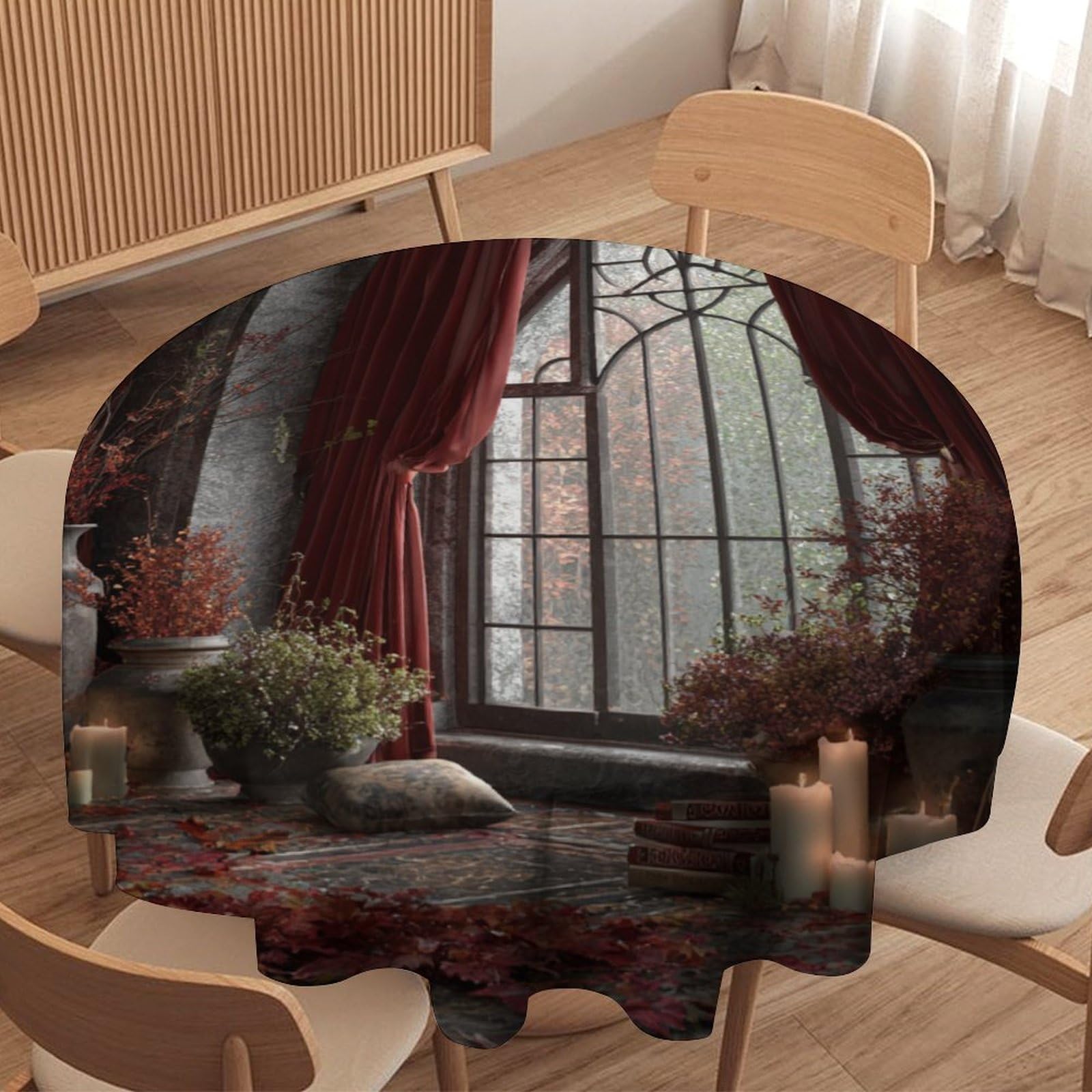 LUYYSKY Vintage Art Witchy Castle Waterproof Round Tablecloth Rustic Oil Painting European Architecture Gothic Castle Floral Pattern Washable Table Cover for Kitchen-127 Wx127 L cm