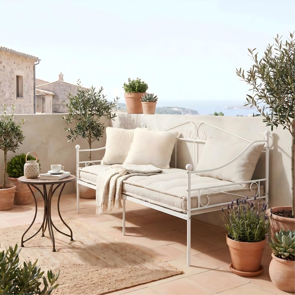 Outdoor Coch Sofa Cama Individual Somier Metal 90x190 Sofa Bed Divan Cama para Colchón de 90x190 cm, Sofá Camas de Hierro Forjado para Dormitorio/Sala Estar/Terraza/Jardín/Blanco/A