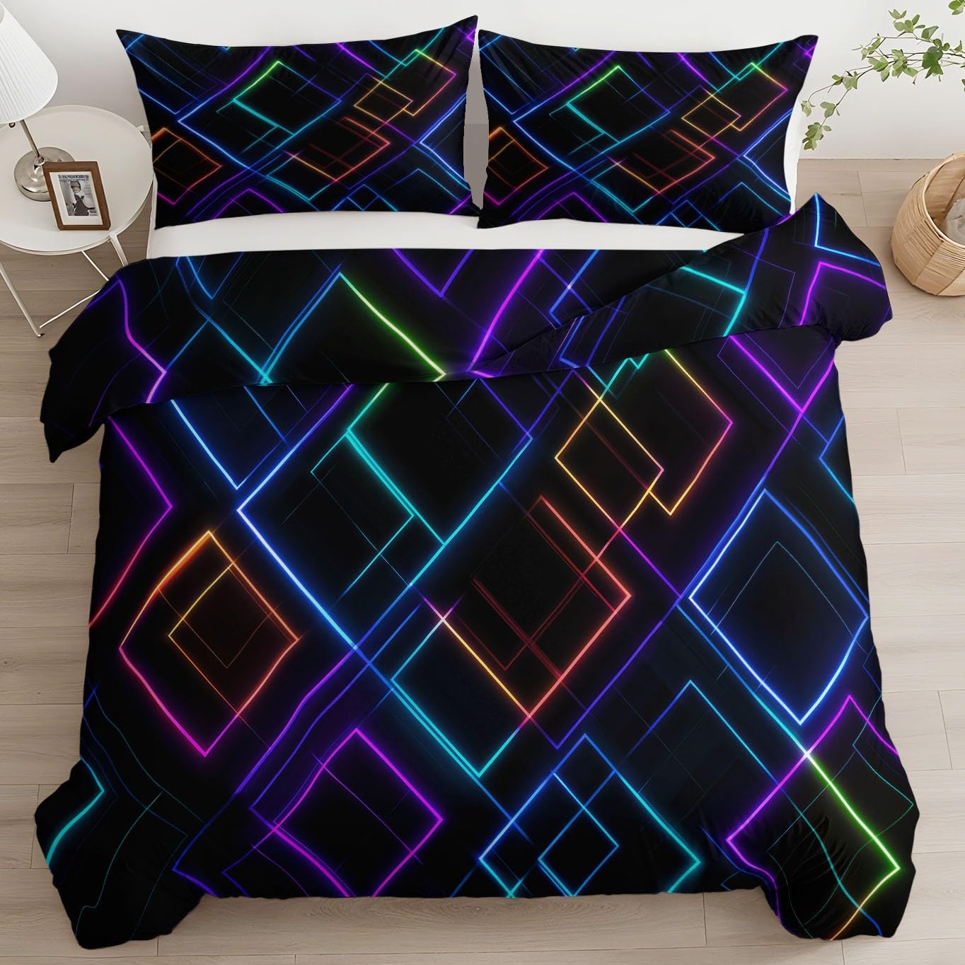 Pościel 200 x 220 cm, czarna, zestaw pościeli, abstrakcyjny geometryczny wzór neonowy, poszewka na kołdrę z mikrofibry, nie wymaga prasowania i miękka – dwustronna pościel i poszewka na