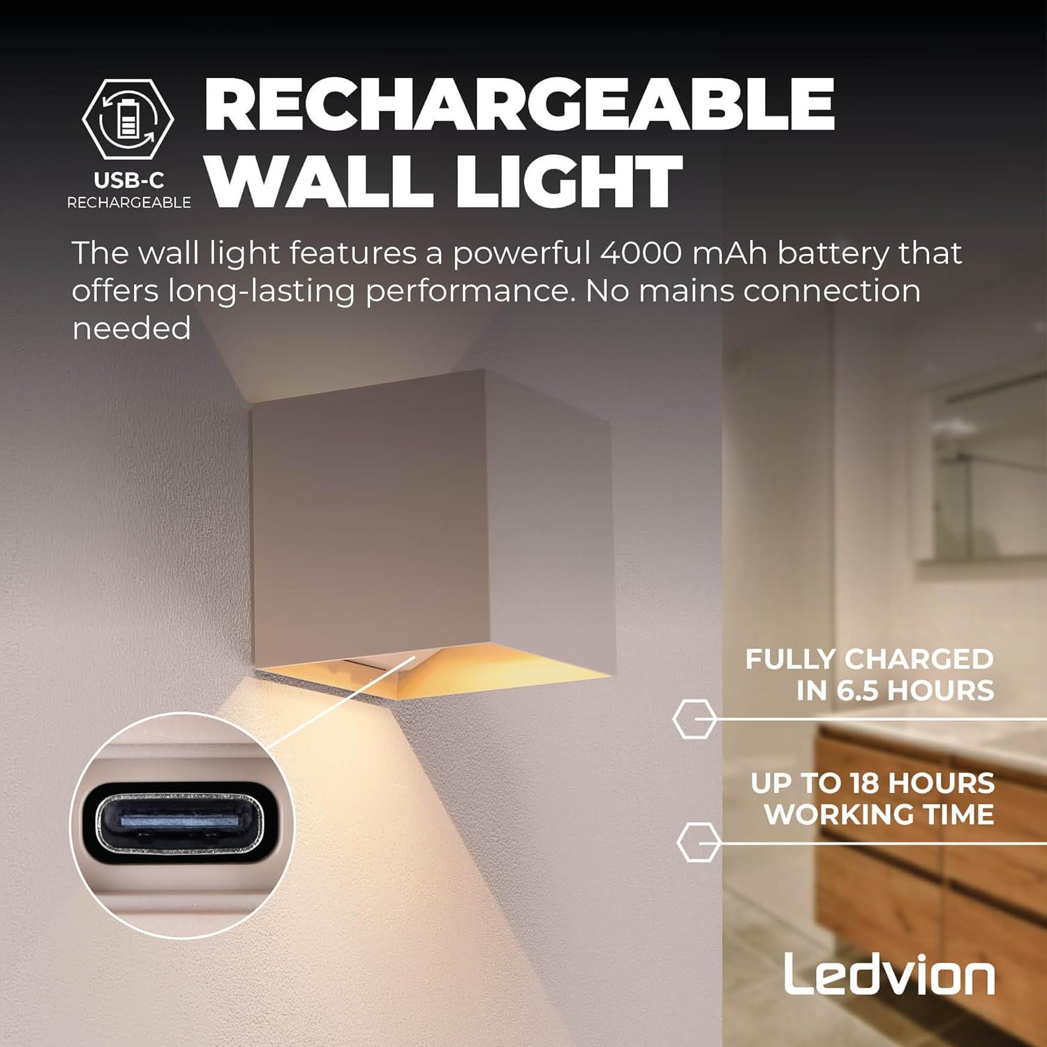Image showing the Ledvion wall light with a close-up of the USB-C charging port, indicating it is rechargeable and provides up to 18 hours of working time after 6.5 hours of charging.