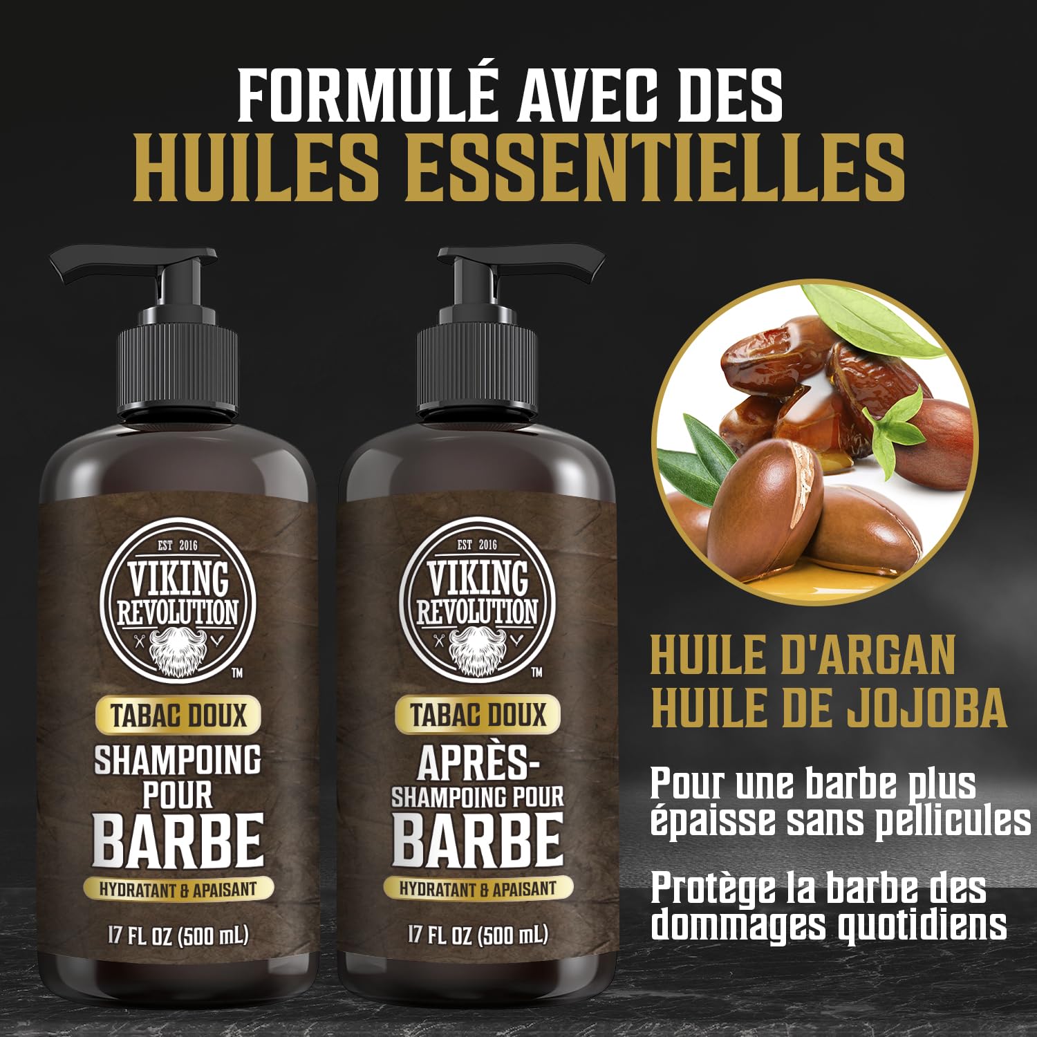 Viking Revolution - Shampoing Barbe Homme & Après Shampoing Barbe Homme - Huile d'Argan & de Jojoba - Adoucit & Renforce - Tabac Doux - 500 ml x 2
