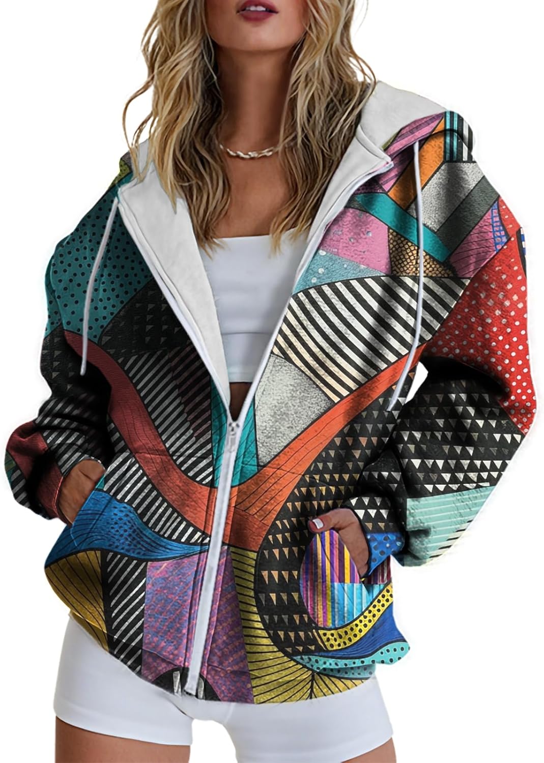 Hoodies for Women Print Oversized Full Zip Hoodie with Pockets Retro Graphic Women's Sweatshirt Long Sleeve Trendy