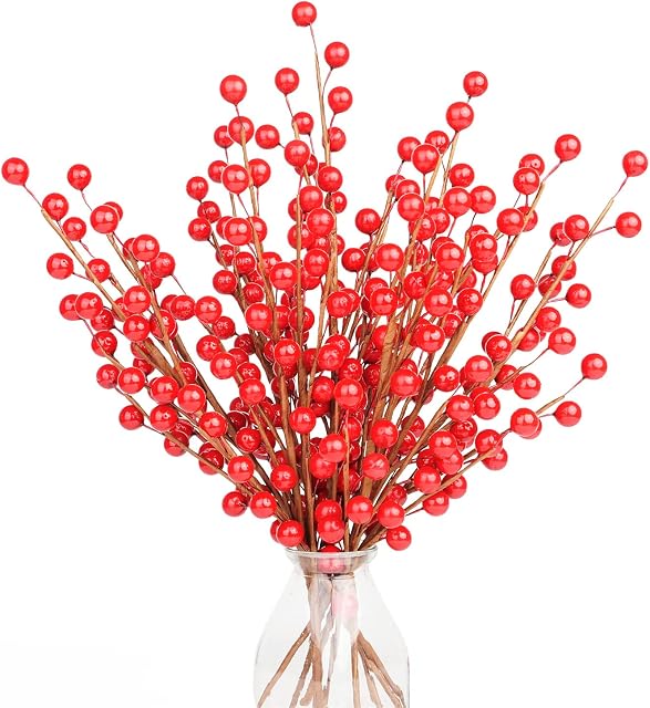 LOAVER Artificial Red Berry Stems, 12 Pcs 12.5 inches/ 32cm Christmas Tree Picks Twigs for Xmas Tree Ornaments Wreath DIY Holiday Home Decorations