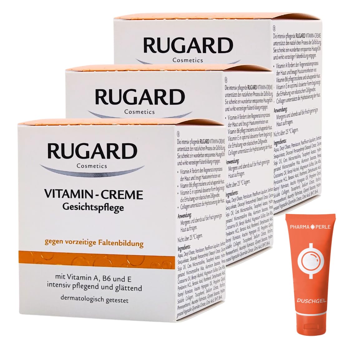 Vitamin Creme Gesichtspflege 3x 100 ml I gegen vorzeitige Faltenbildung I intensiv pflegend und glättend I Collagen, Vitamin A, Vitamin E, Vitamin B6 I Spar-Set plus Pharma-Perle givew-away