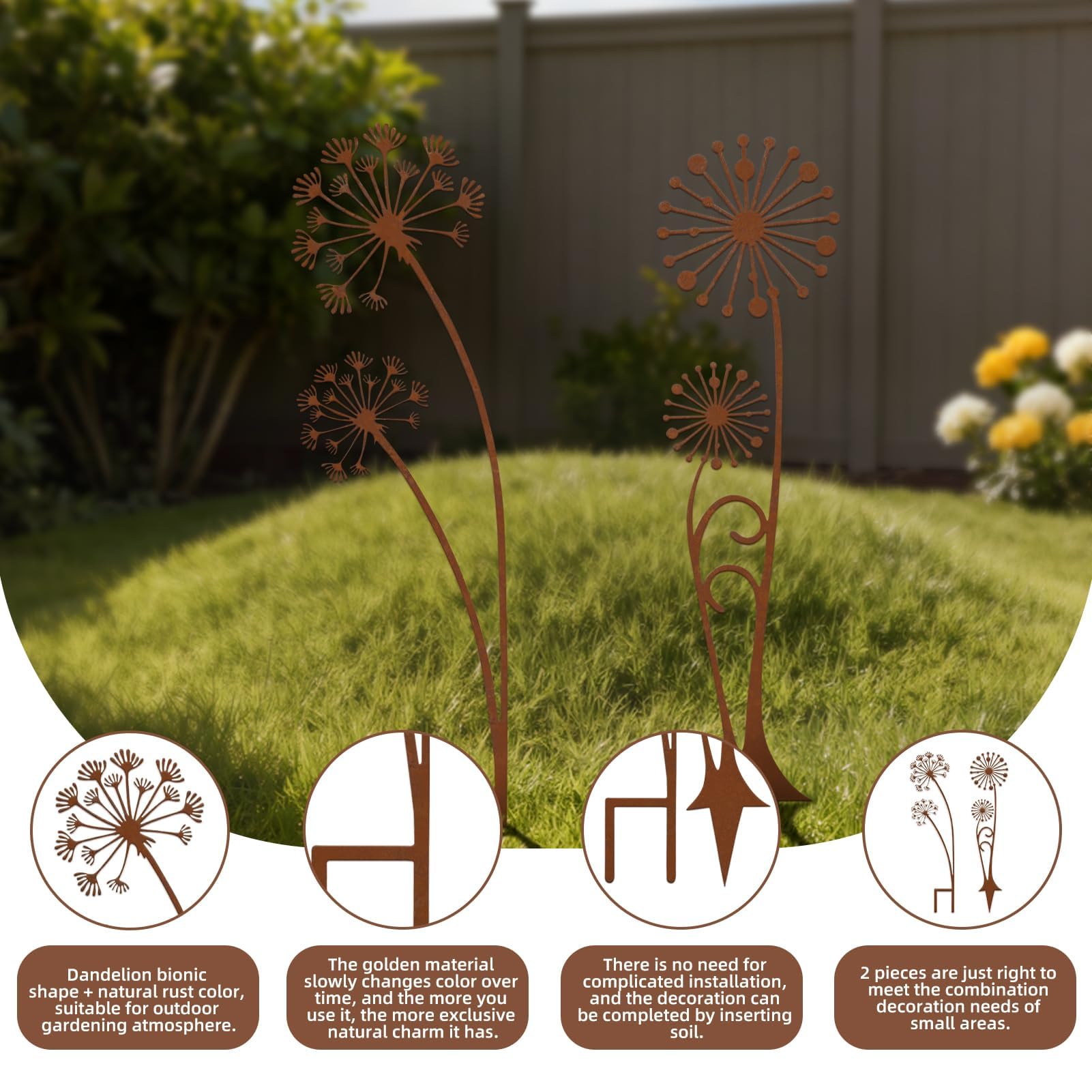 Crunier Rost Gartenstecker Metall Set, Gartenstecker Pusteblume Deko, Frühlings Blumenstecker, Gartendeko Für Draußen Wetterfest zur Dekoration von Gärten, Terrassen, Höfen, Parks, Ästen - 4
