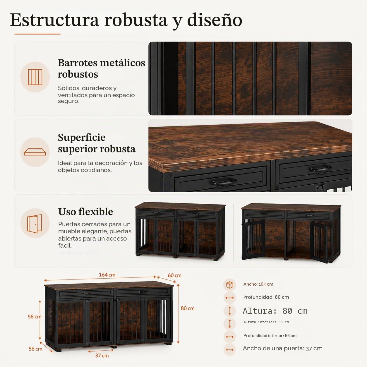 Jaula para perros XXL, jaula para perros con 2 cajones y 2 puertas, caja para perros grandes y medianos, mesa auxiliar, caseta interior, casa para perros para el hogar, negro, 164 x 60 x 80 cm, hierro