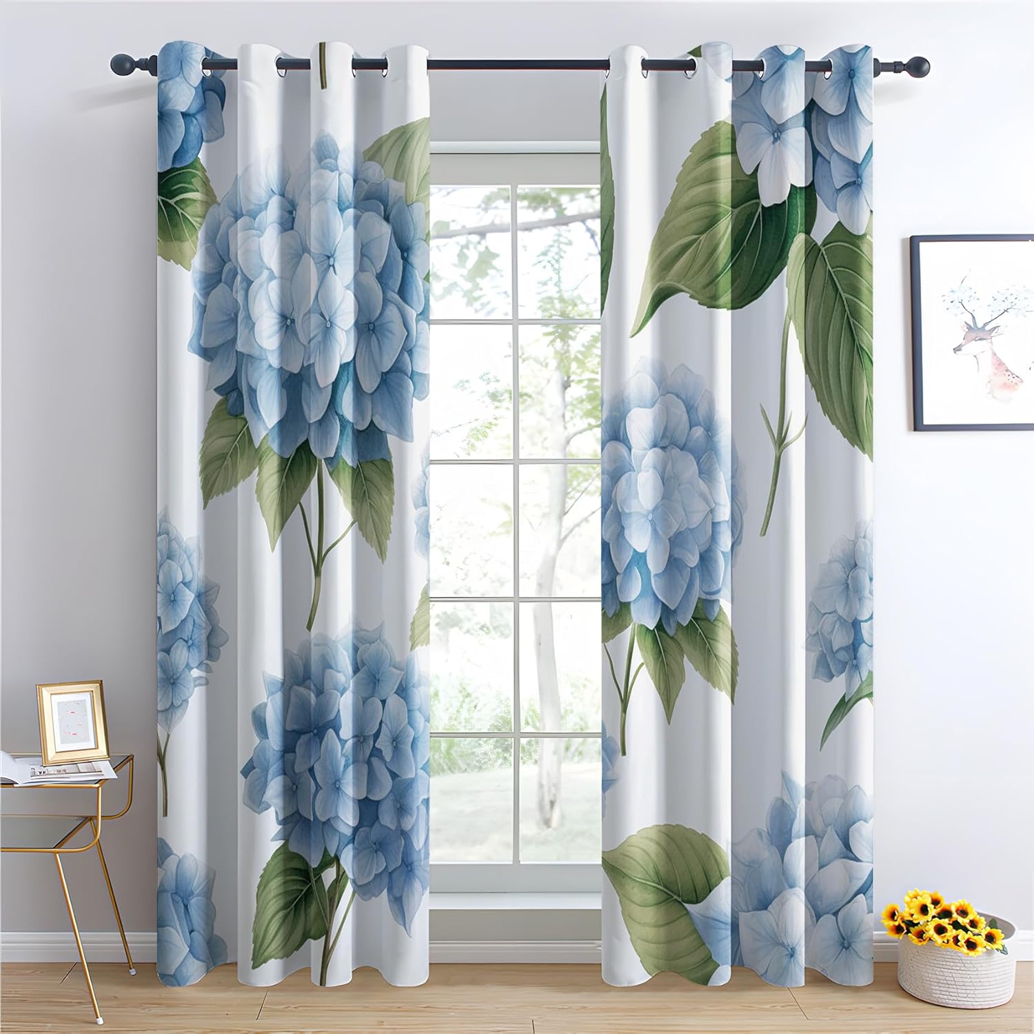 Hydrangea Blackout Curtains, Blue Floral Window Curtains & Bedroom Decor Green Leaf Botanical Flower Curtains for Living Room, Thermal Grommet Drapes 72 Inch Length 2 Panels Set