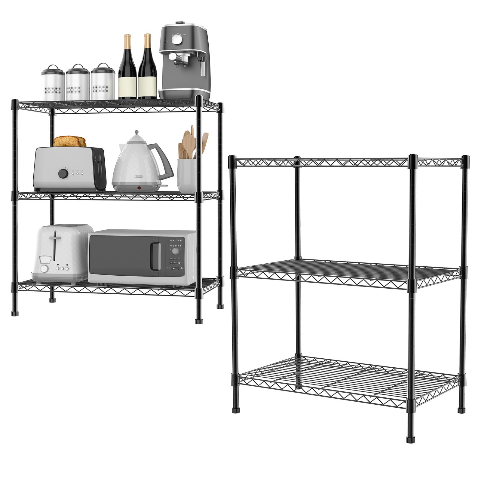 3-Tier Wire Shelving Unit Metal Shelving Unit Free Standing Shelf Units, Heavy Duty Racking Shelves for Storage with Adjustable Leveling Feet and Height Adjustable Shelves, 300kg Max Weight, Black
