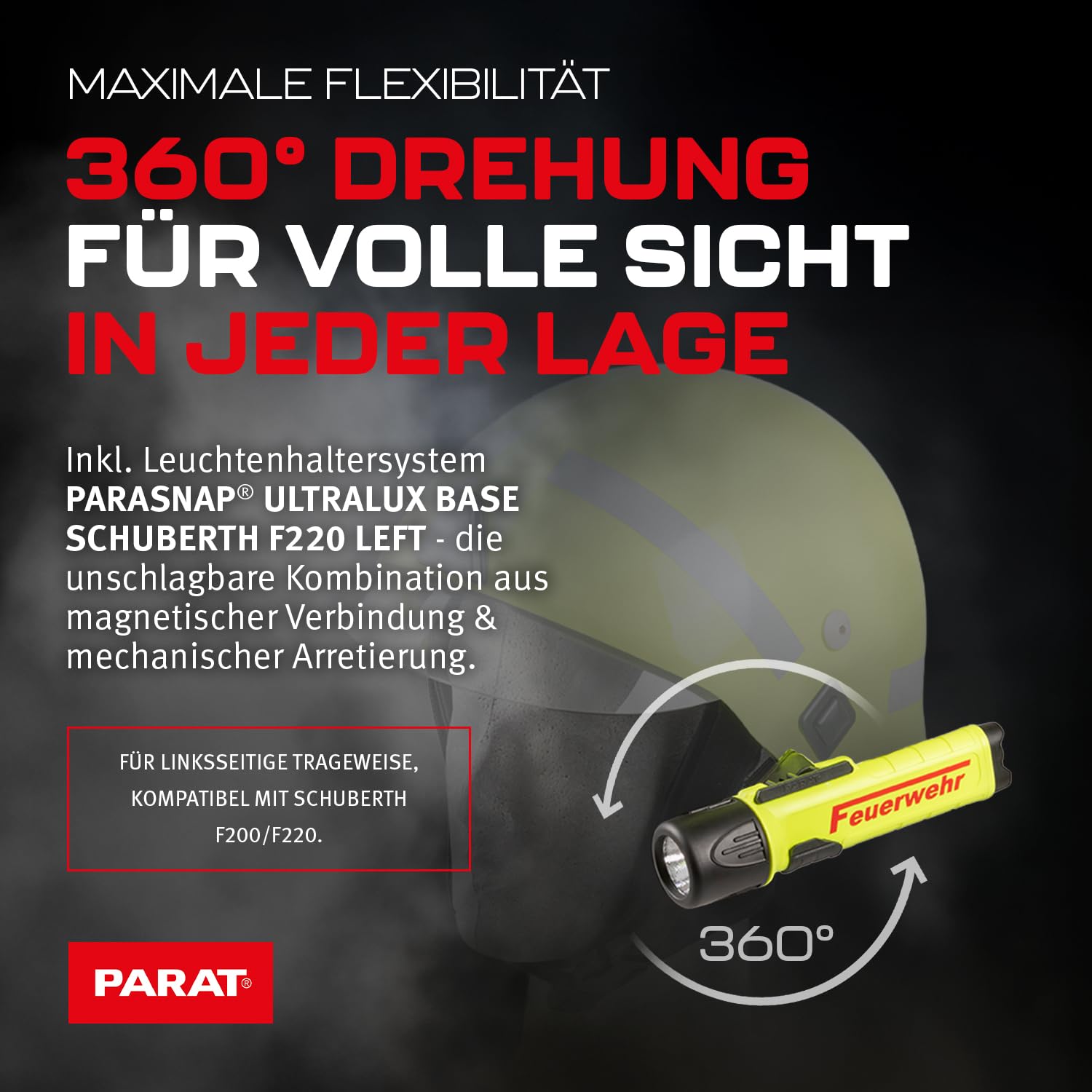 PARAT PARALUX® PX1 FEUERWEHR Set für Schuberth F200/F220 Links | LED Arbeitsleuchte mit 120 Lumen | EX-geschützte LED Taschenlampe | Wasserdichte Helmlampe | inkl. Batterien, Adapter & Halterung