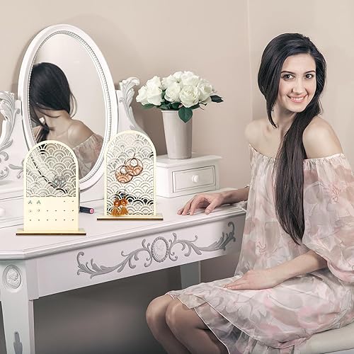 Miniatura 6 de Suzile 2 soportes organizadores para aretes, soporte de exhibición con base de madera, tablero de exhibición de aretes de madera, arco bohemio, con