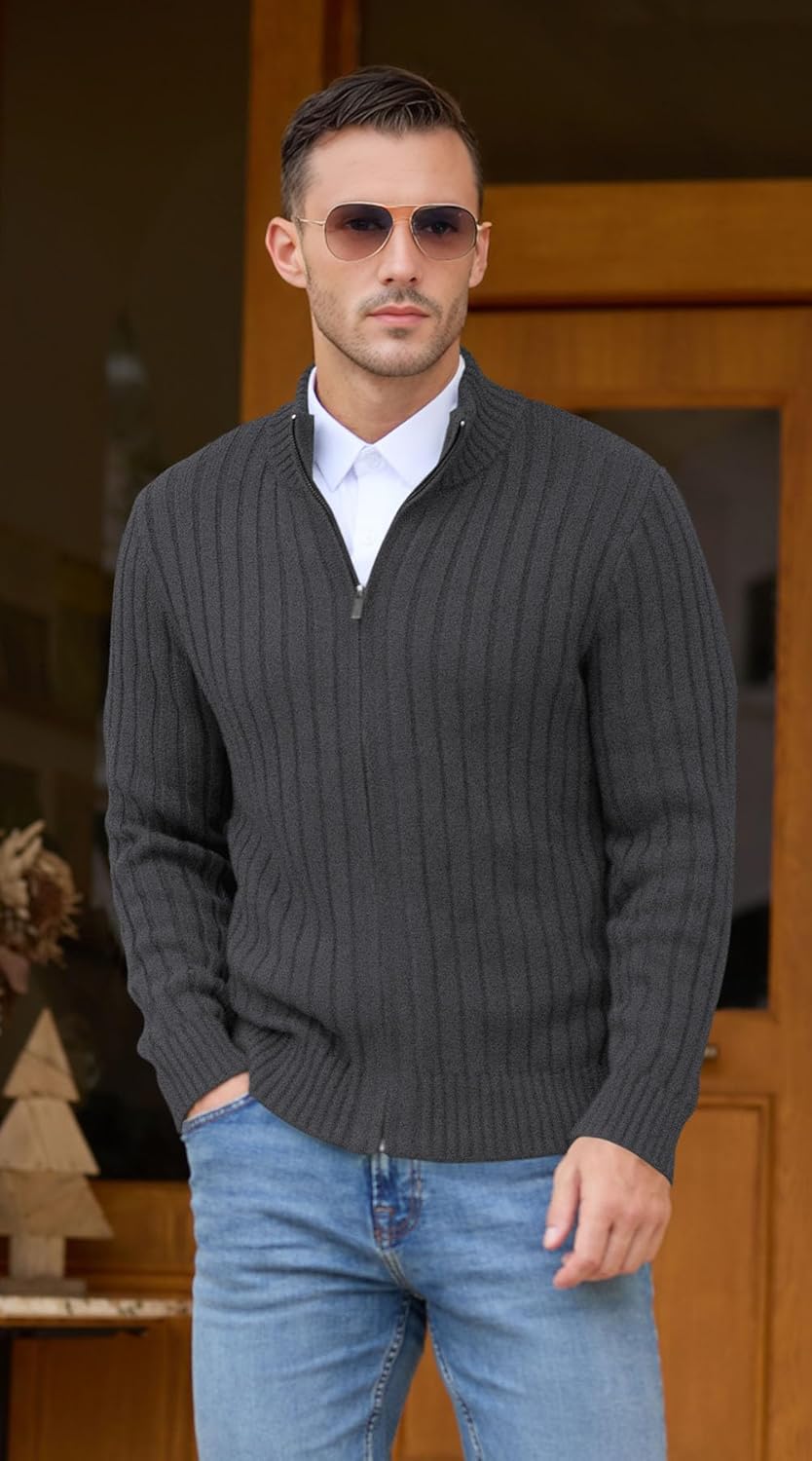 NITAGUT Men's Cardigan Sweater Stand Collar Full Zip Up Sweater Slim Fit Casual Knit for Winter - Image 3