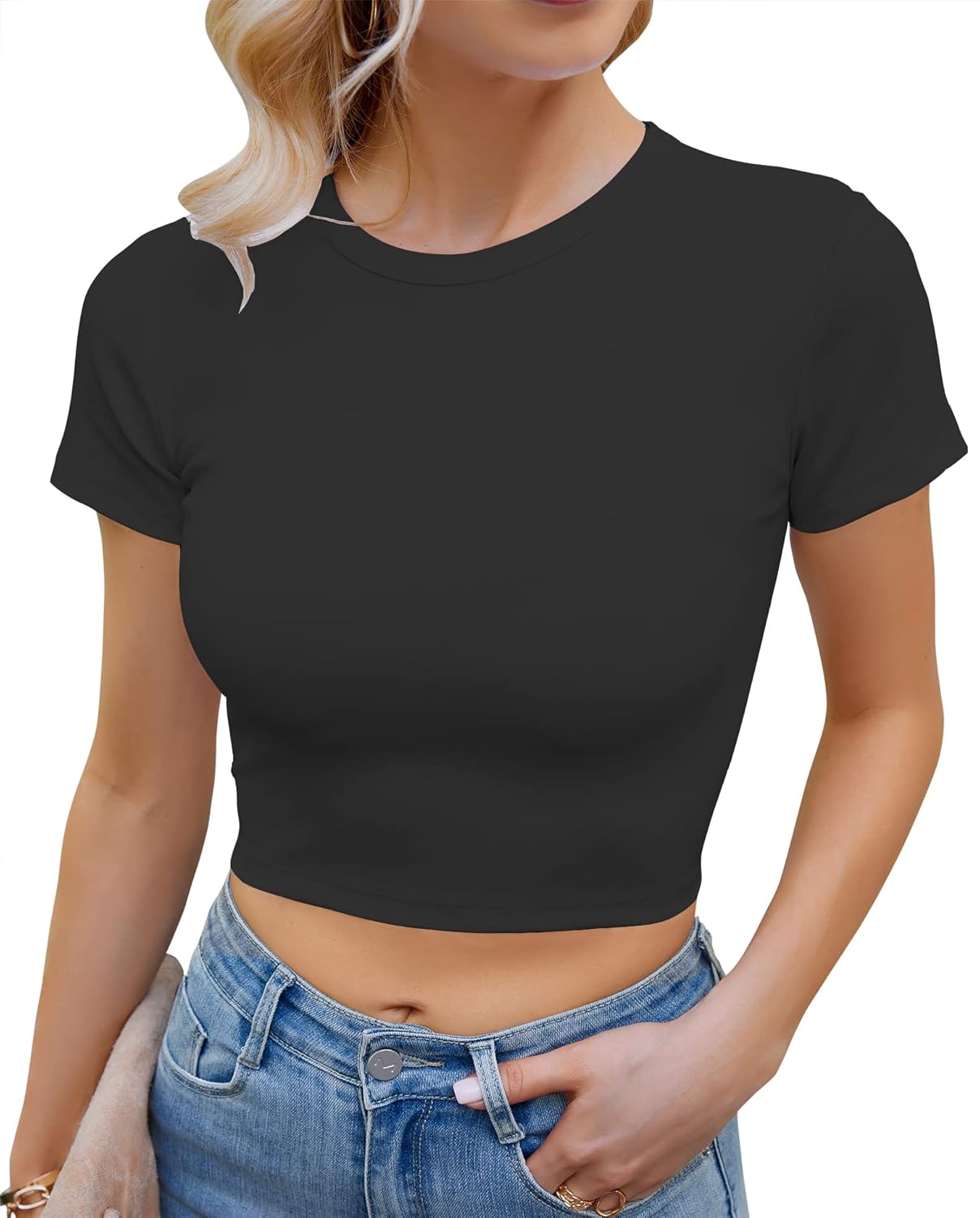 Artfish Women's Basic Teen Tee Workout Crewneck Short Sleeve Slim Fitted Casual Crop Top - Image 5