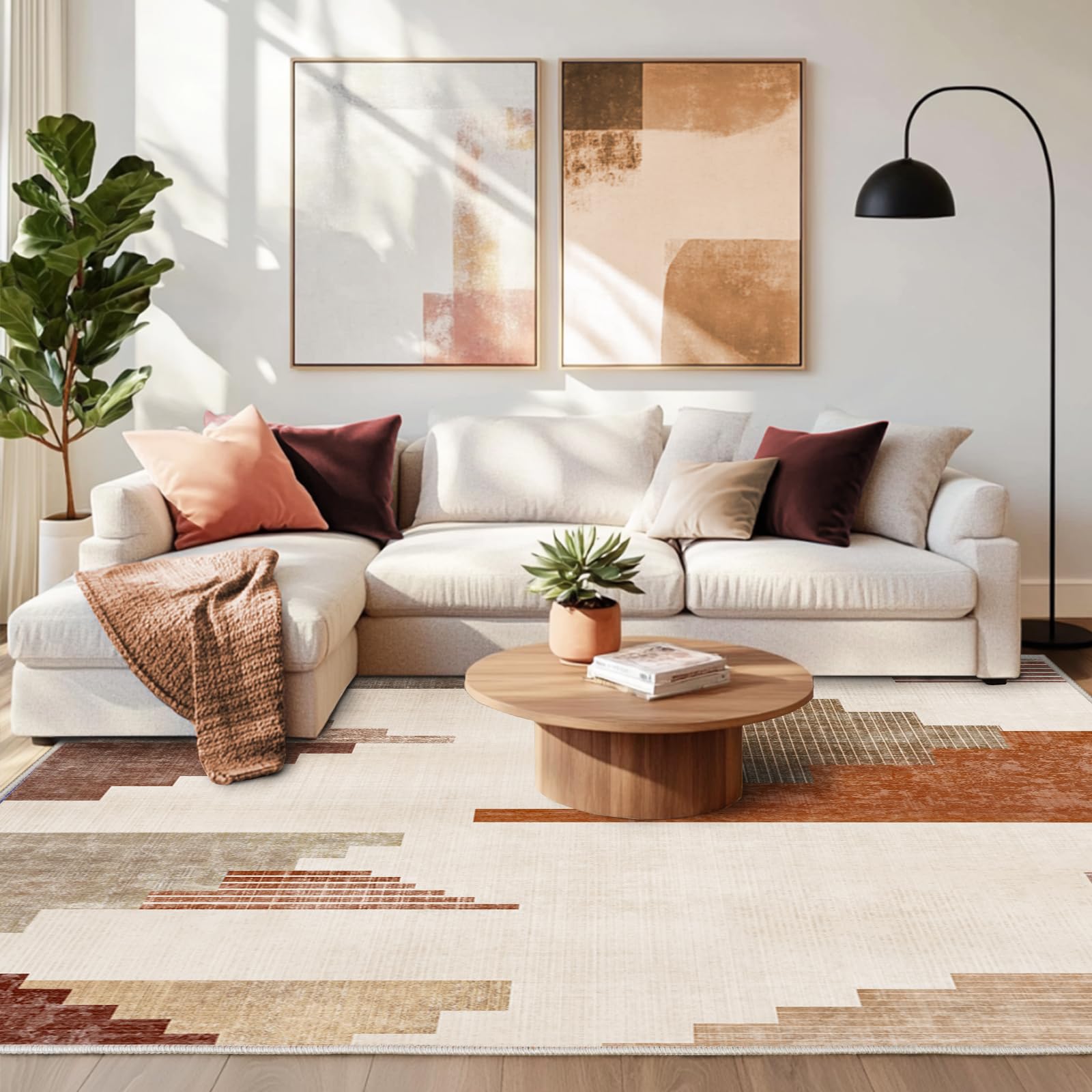 Chicnix Teppich Wohnzimmer Kurzflor, Schlafzimmerteppich Waschbar rutschfest Weich, Moderner Geometrisch Patchwork Teppich 140x200 für Schlafzimmer Kinderzimmer Büro Esszimmer, Braun Orange