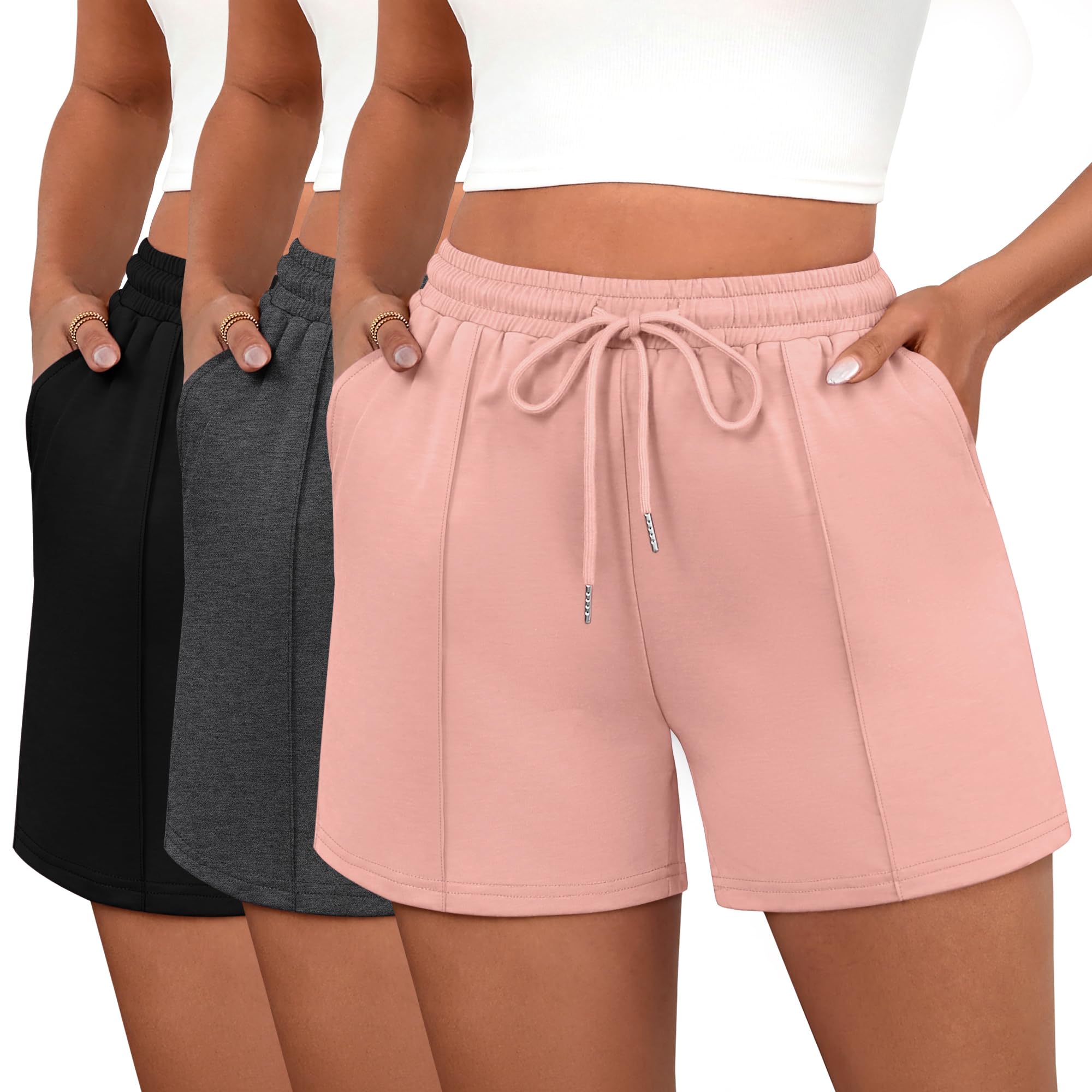Neer 3 Pack Women's Sweat Shorts, Casual Drawstring Athletic Shorts Summer Lounge Loose Solid Active Short Pants with Pockets