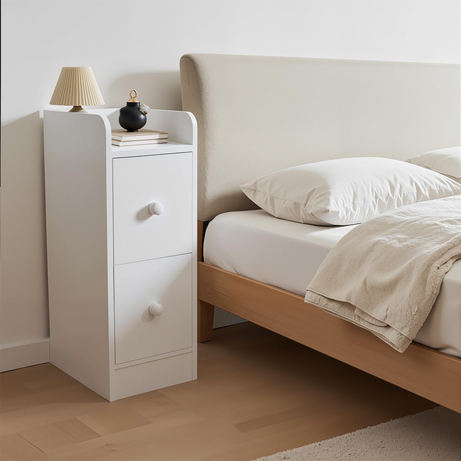Comodino stretto Comodini piccolo Comodino con 2 cassetti per camera da letto, soggiorno Bianco
