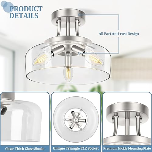 Miniatura 4 de Lámpara de techo semiempotrada de 3 luces, moderna lámpara de techo industrial de vidrio con base E12, lámpara de techo semiempotrada de metal para