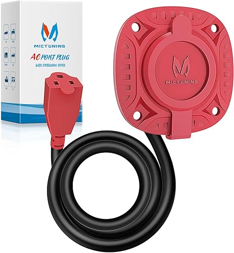 MICTUNING Enchufe de puerto de CA de 15Amp 125V con cable de extensión integrado de 20 pulgadas y tapa resistente al agua, color rojo