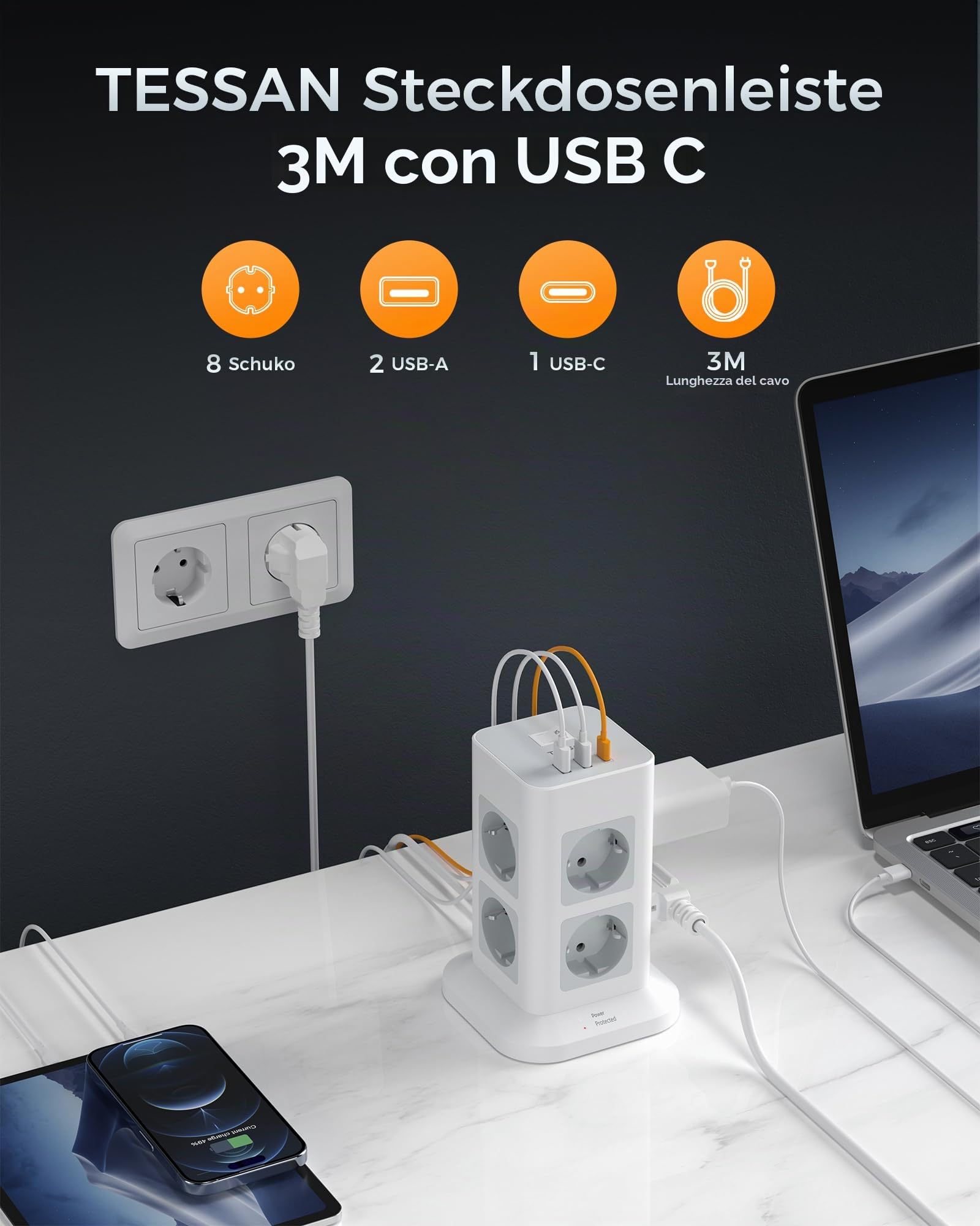 TESSAN Ciabatta Multipresa con USB 15W, Ciabatta Elettrica con 8 Prese, Torretta Multipresa Protezione Sovratensione con Interruttore e Prolunga Elettrica 3 Metri, 3600W Presa Multipla, Girgio