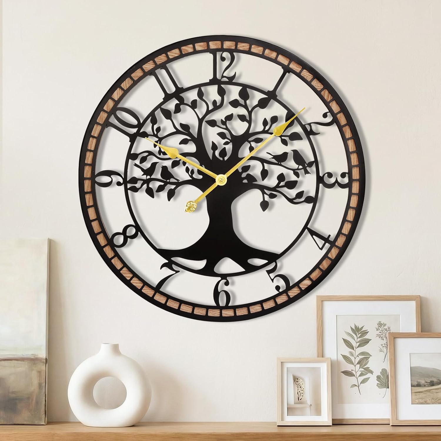 Large Wall Clock,20” Tree of Life Metal & Wood Wall Clock with Bird Design,Decorative Non-Ticking Wall Clock for Living Room,Farmhouse Home Decor