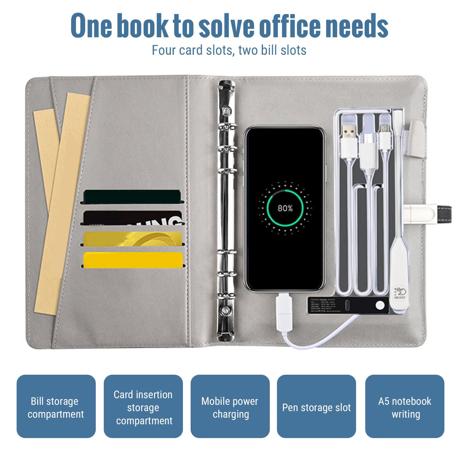 Tissting Cuaderno Carga Inalámbrica 80 Hojas 8000mAh Batería - Organizador Multifunción con Luz Nocturna 16GB Disco Memoria para Trabajo Escuela