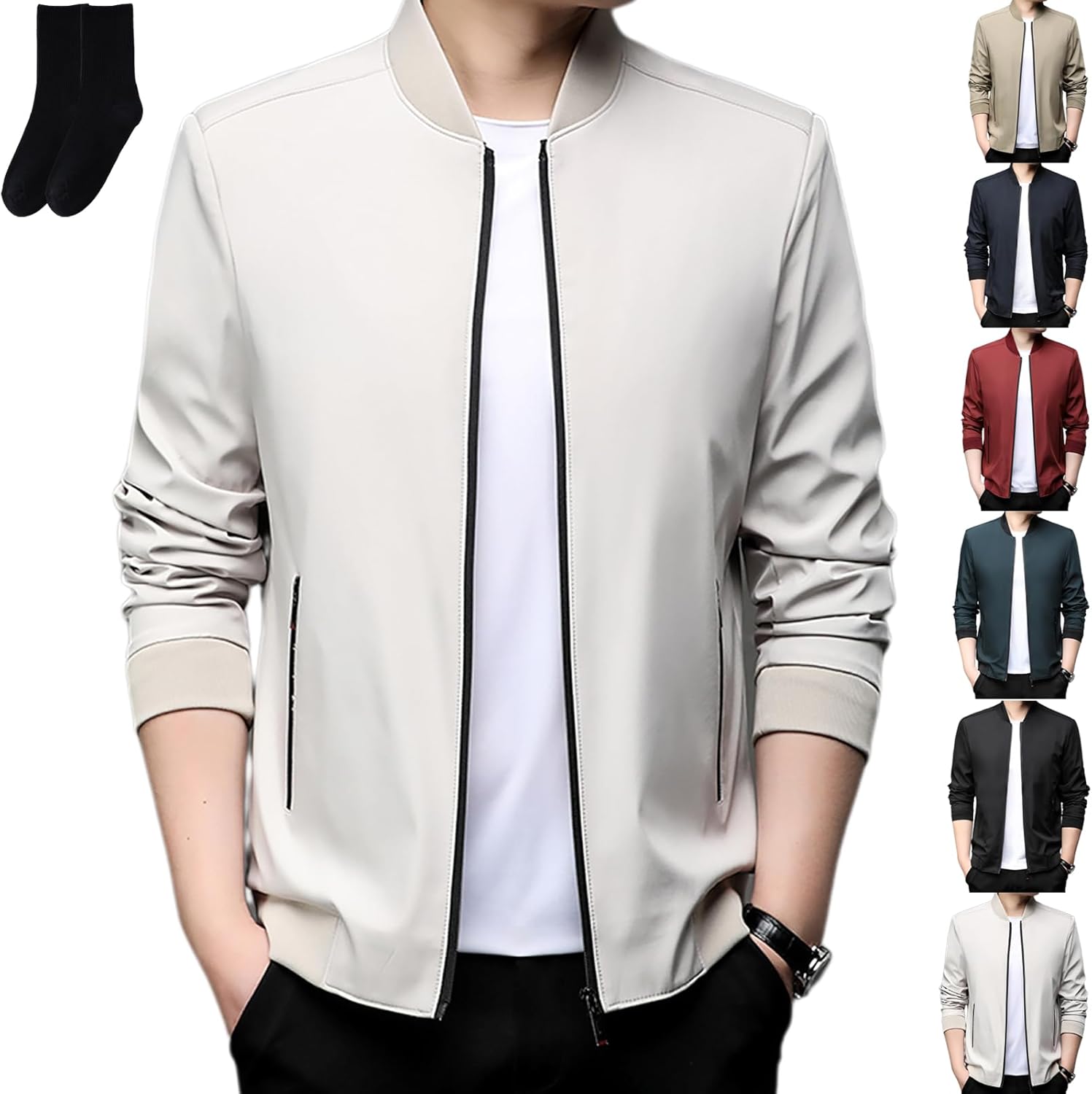 Men's Standing Collar Zipper Casual Jacket, Men Spring Fall Stylish Zip Up Business Dress Lightweight Bomber Jacket