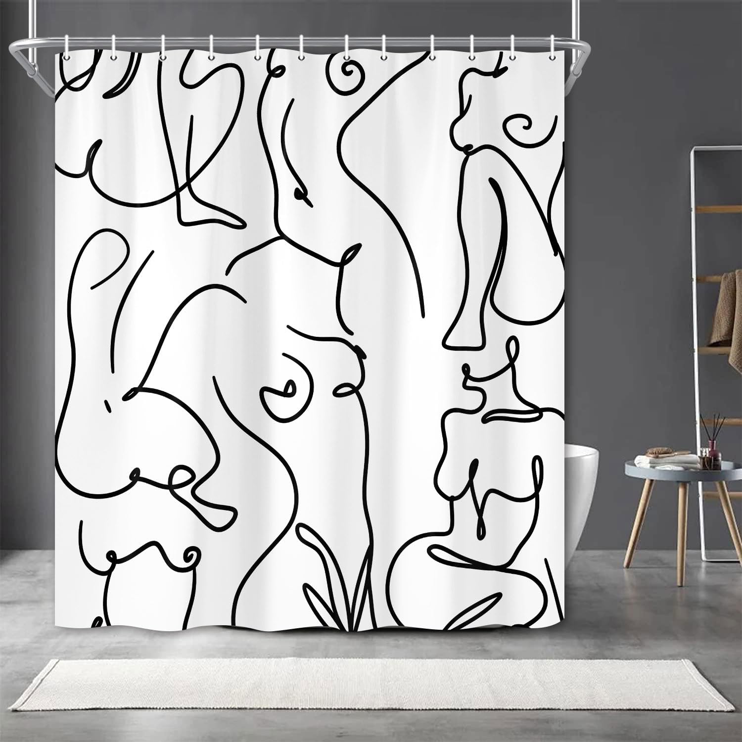 Nude Adults Shower Curtain, Black and White Abstract Line Minimalist Nordic Style Modern Shower Curtain Sets, Boho Retro Simple Contemporary Female Silhouettes Bathroom Curtain, 69X78 Inch With Hooks