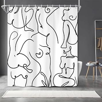 Nude Adults Shower Curtain, Black and White Abstract Line Minimalist Nordic Style Modern Shower Curtain Sets, Boho Retro Simple Contemporary Female Silhouettes Bathroom Curtain, 72X72 Inch With Hooks