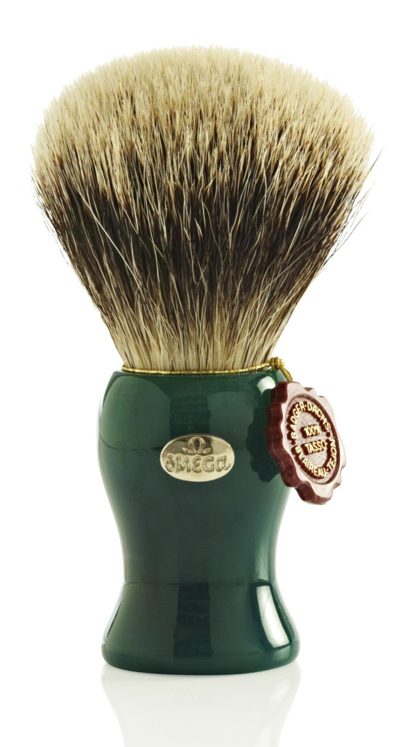 Omega 6209 Super Badger Hair Shaving Brush with a green hourglass handle and a brown wax seal tag.