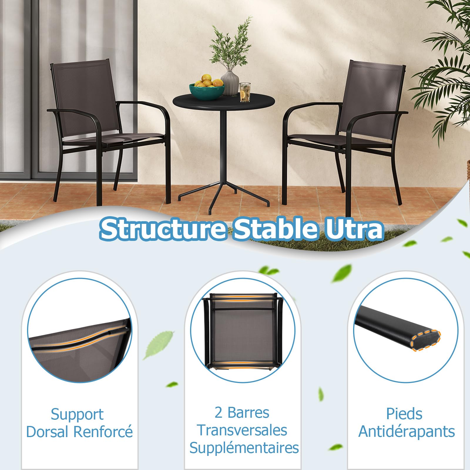 COSTWAY Lot de 2/4 Chaises de Jardin Exterieur Empilable, Chaise de Salle à Manger, Tissu Respirant, Dossier Haut, Cadre en Métal, Fauteuil Exterieur pour Jardin Terrasse Balcon, Charge 150 kg (4)