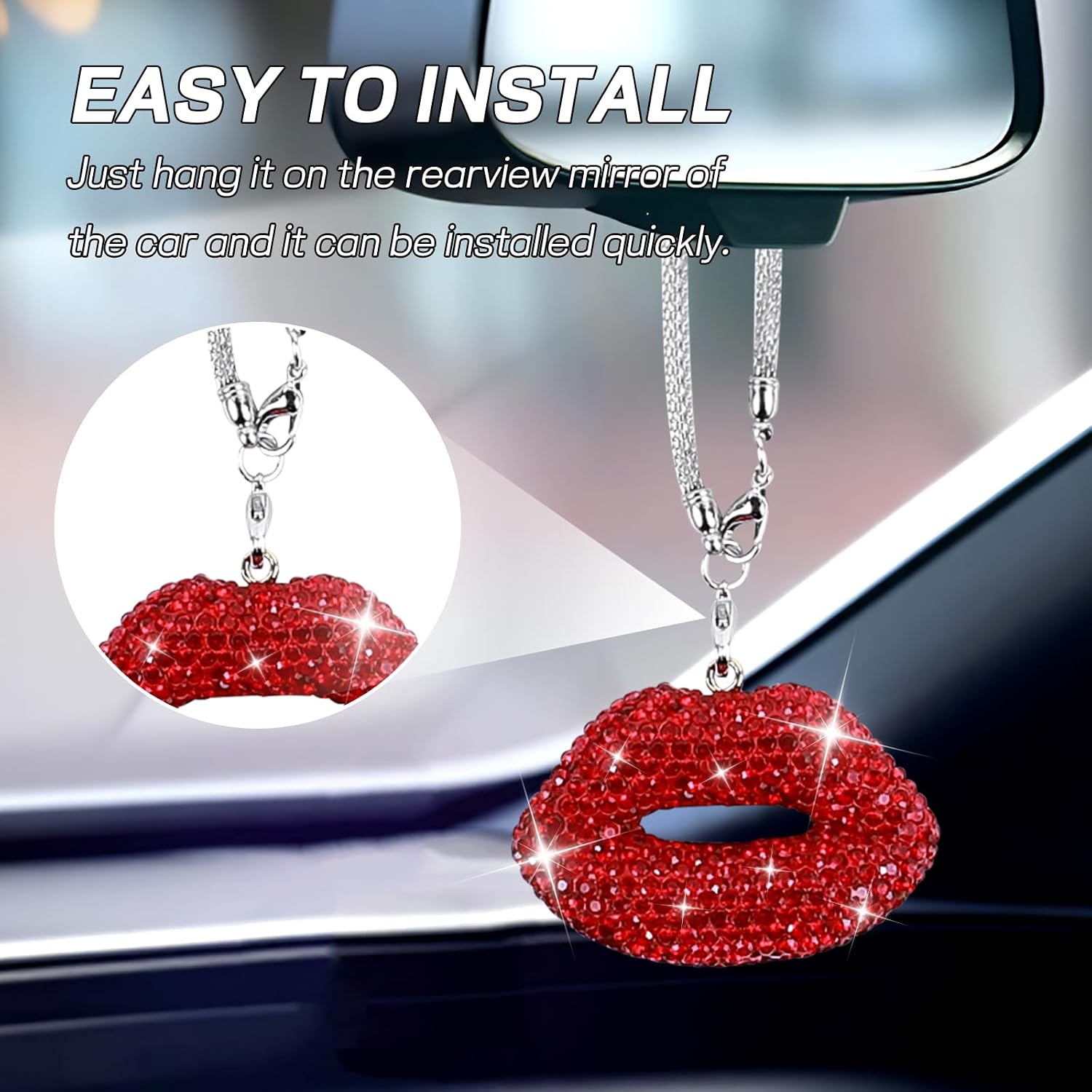 Bling Lip Car Hanging Accessories for Women, Diamond Lips Rear View Mirror Hanging Ornament for Cars, Crystal Rhinestone Lucky Car Charms, Vehicle Interior Pendant Decoration (Red)