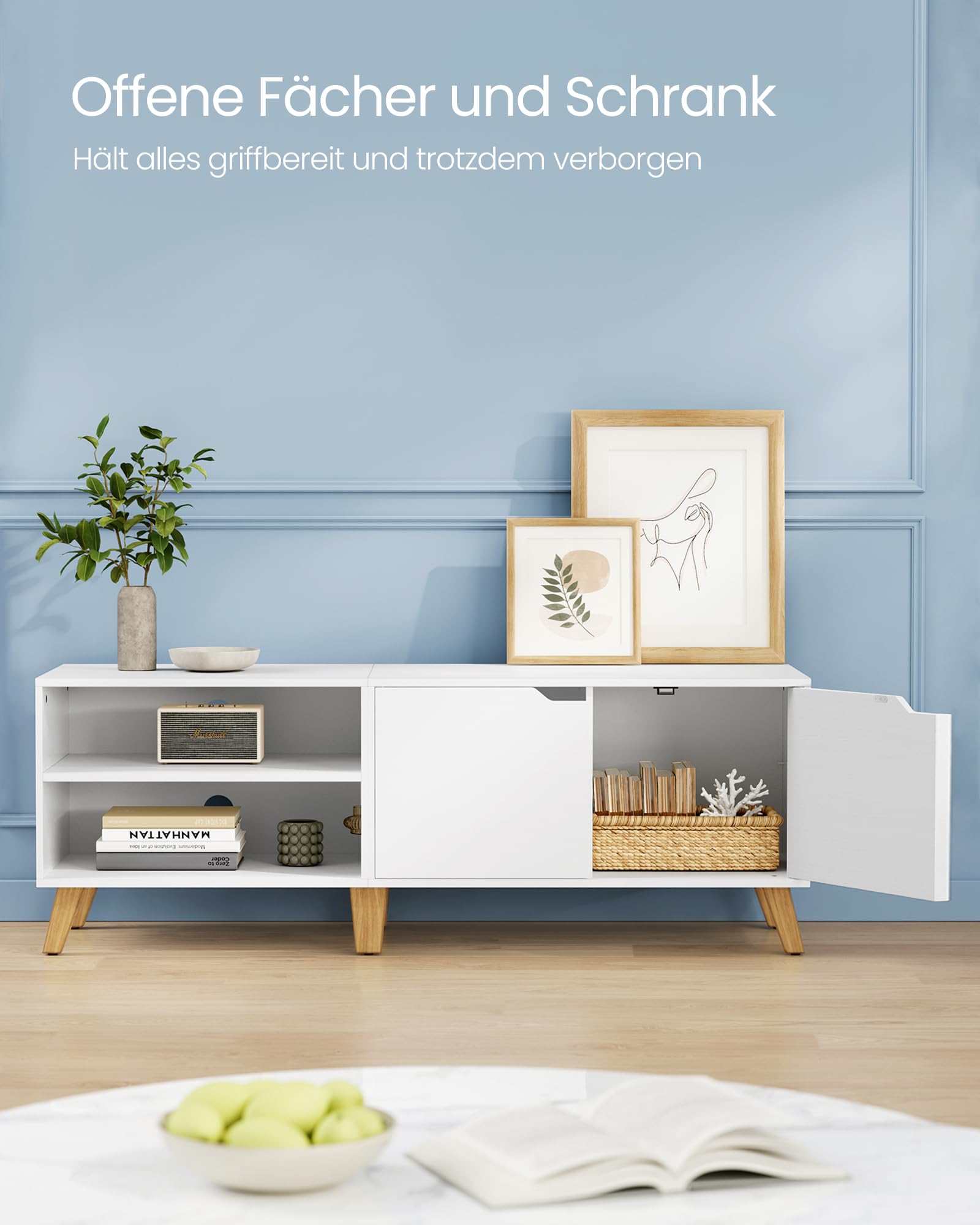 VASAGLE TV-Schrank, Fernsehtisch mit 2 Türen, 140 cm lang, TV-Regal für Fernseher bis zu 60 Zoll, verstellbare Ablagen, für Wohnzimmer, Esszimmer, Schlafzimmer, weiß LTV027T46